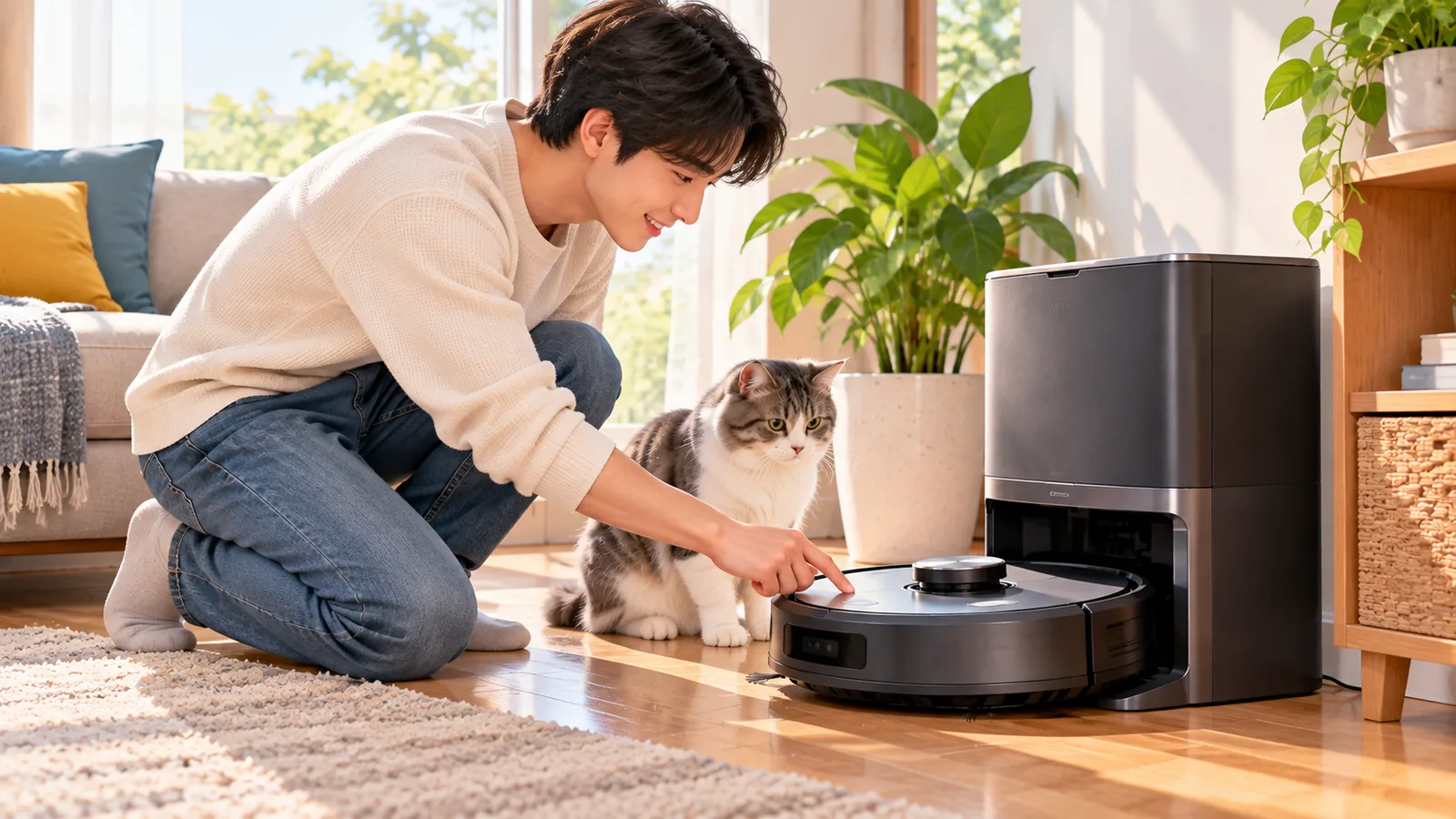 Personne près d’un robot aspirateur sur sa base de vidage avec un chat curieux