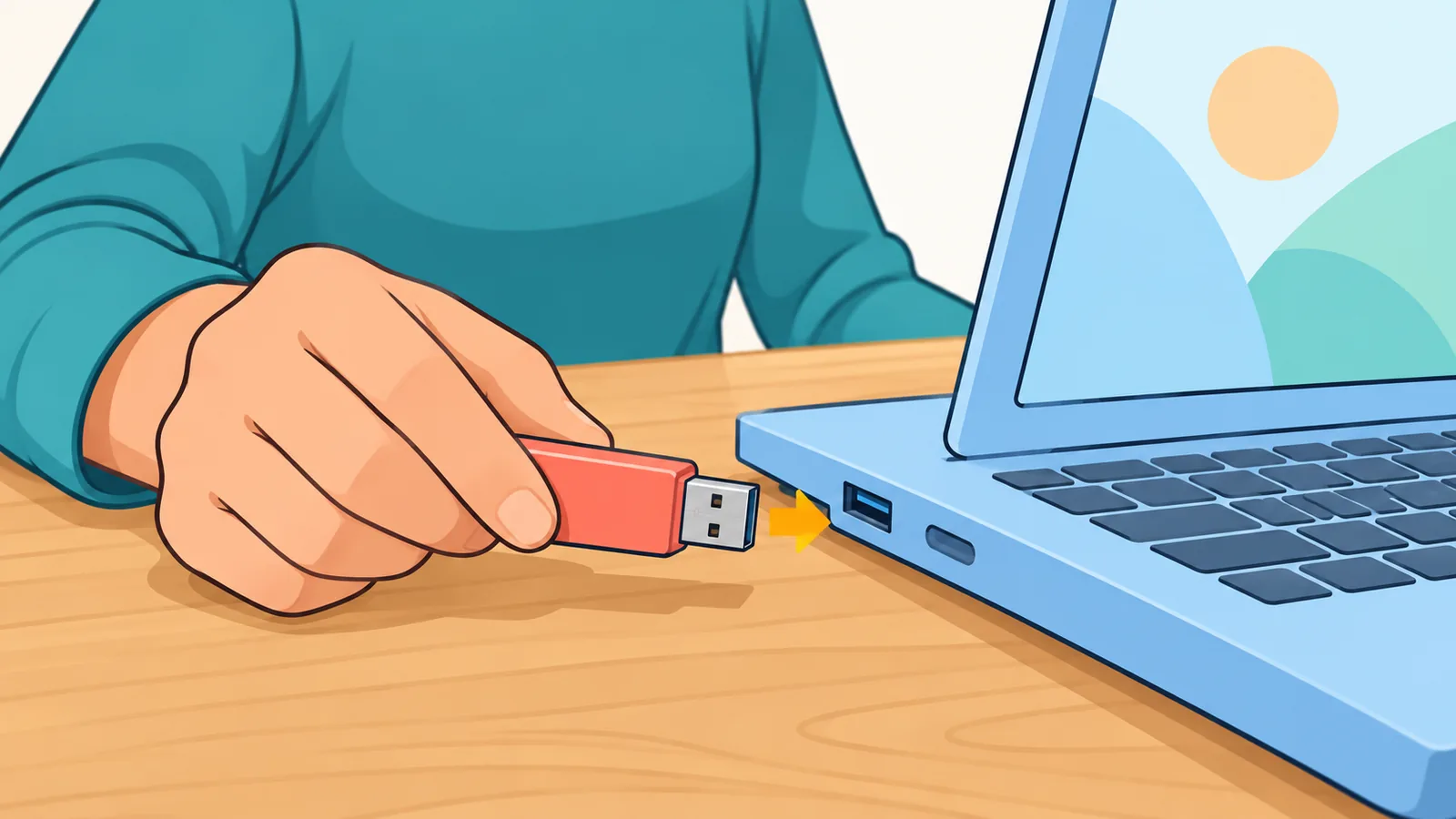 Branchement d’une clé USB d’installation sur un ordinateur portable