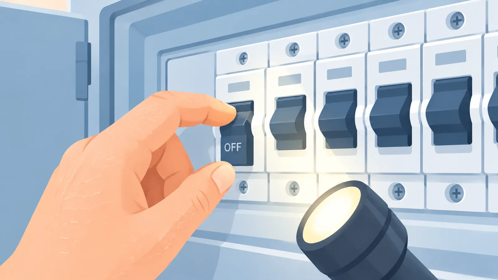 Main basculant un disjoncteur sur OFF dans un tableau éclairé par une lampe de poche