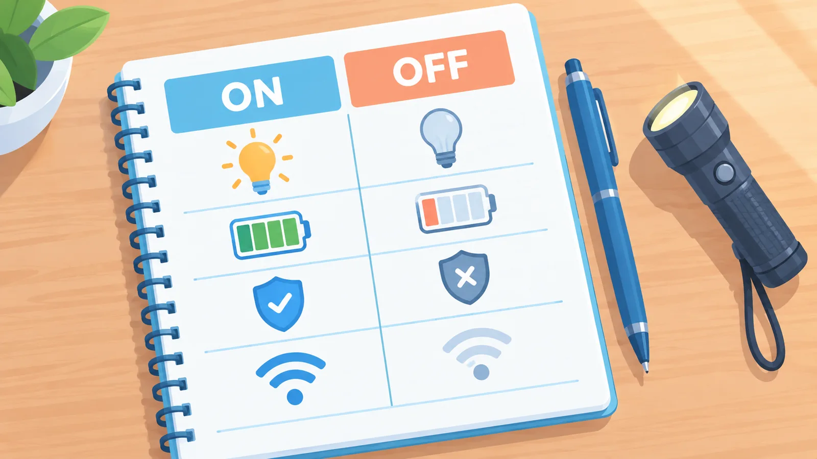 Carnet avec un tableau comparatif posé sur une table avec une lampe de poche