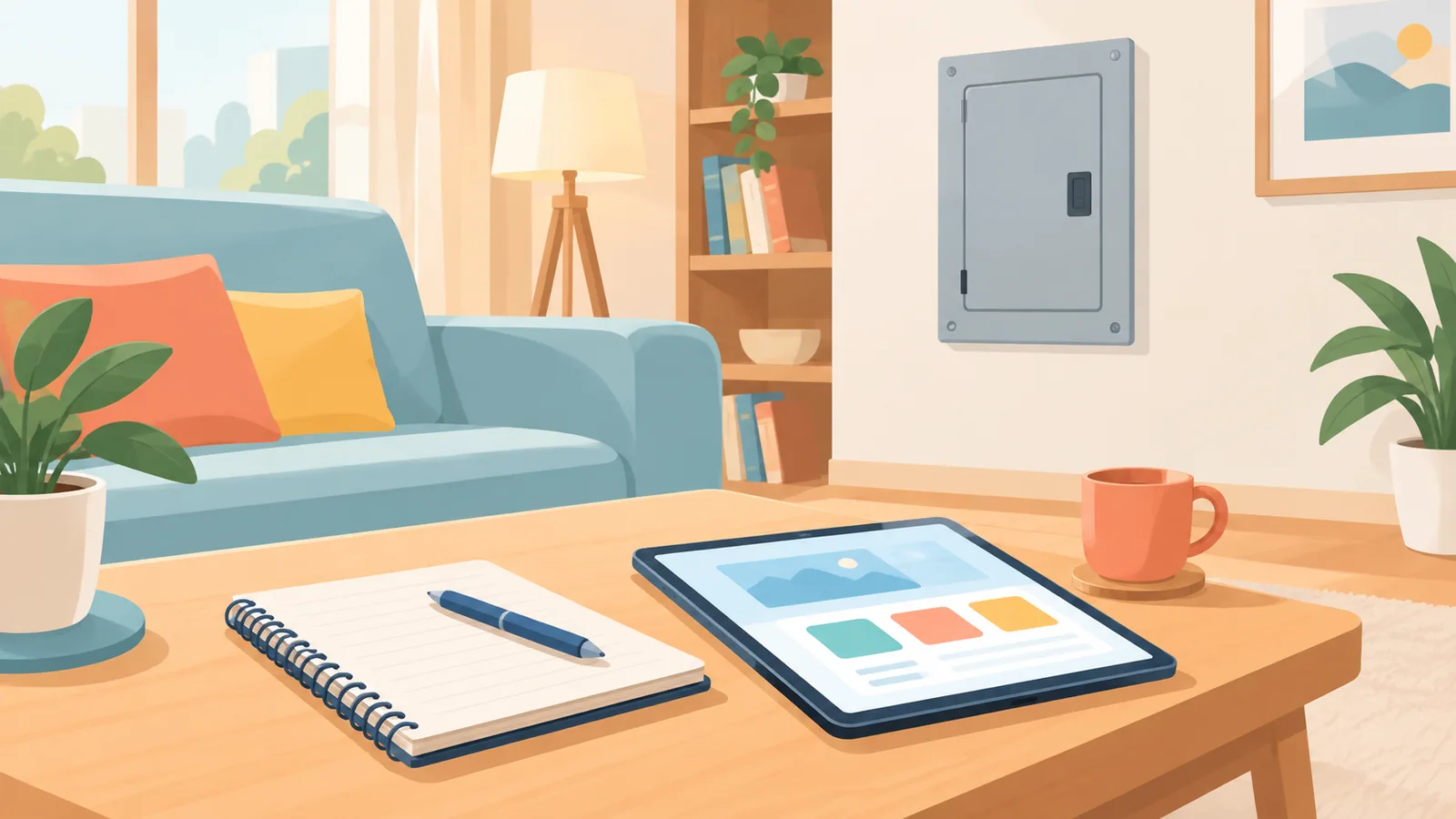 Salon calme avec un carnet de questions fréquentes et un tableau électrique en arrière-plan