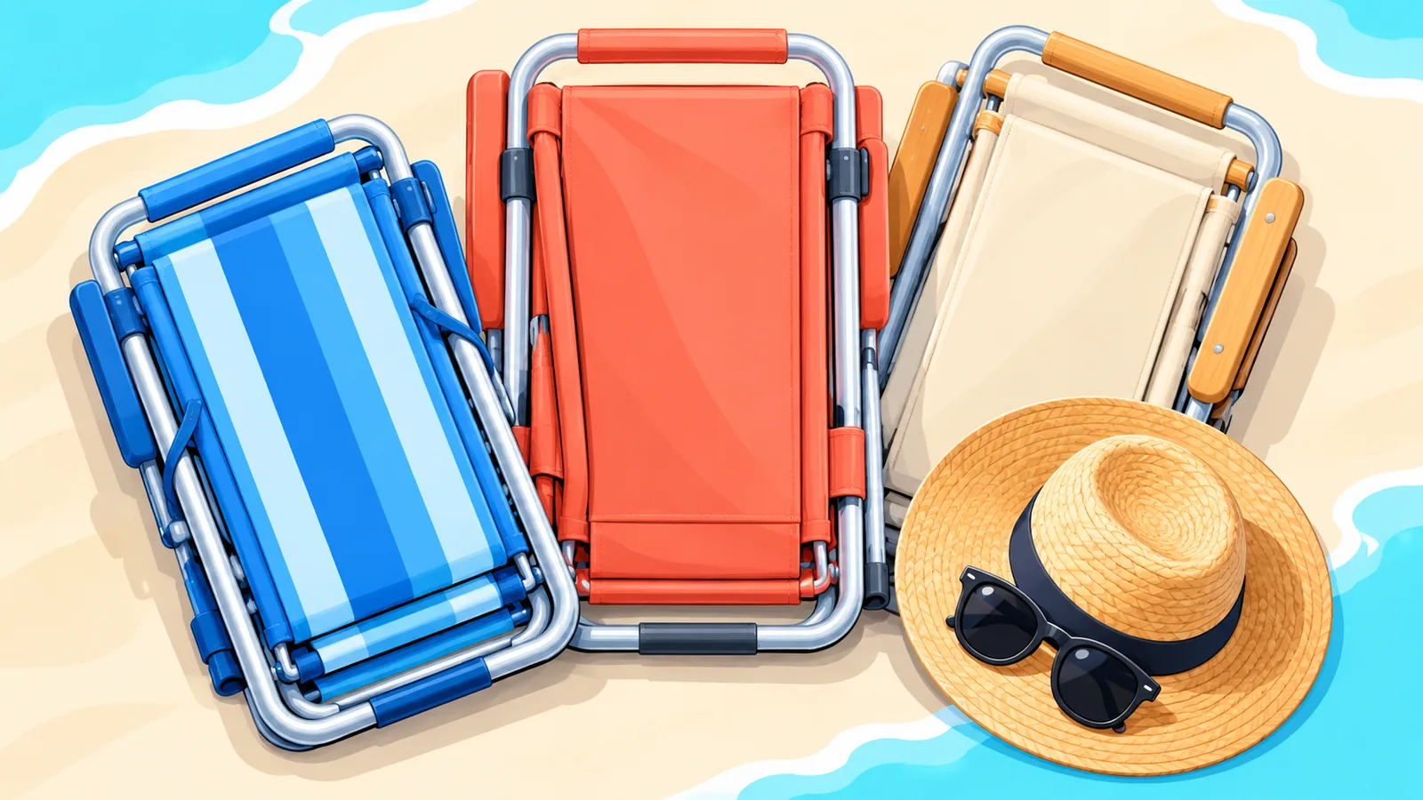 Sélection de fauteuils de plage de différents styles posés sur le sable