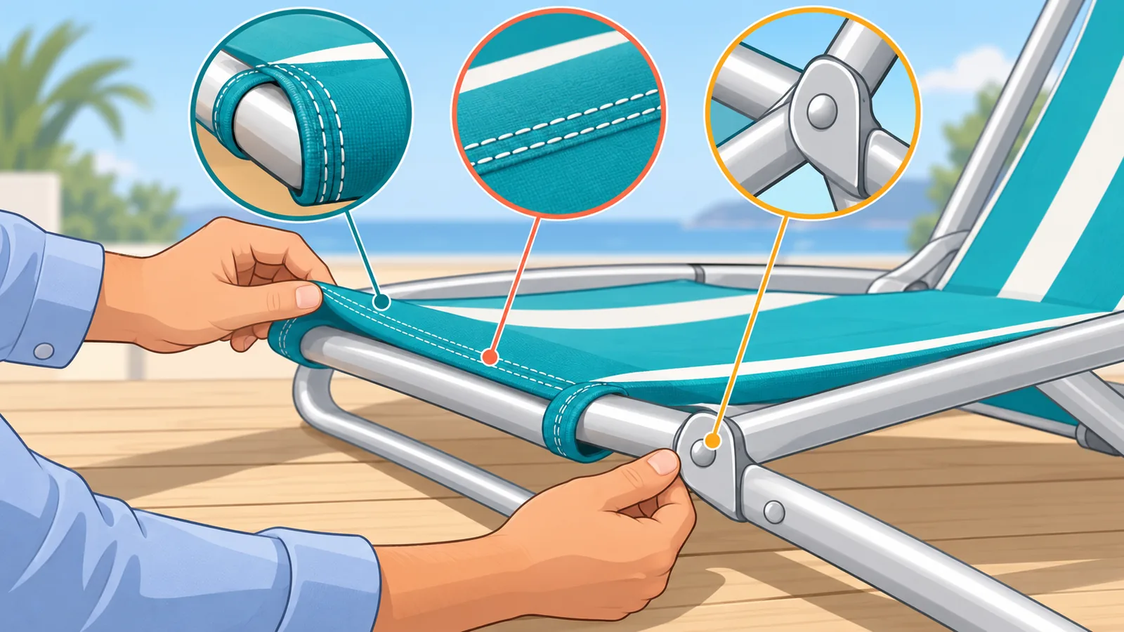 Inspection de la toile et de la structure d’un fauteuil de plage pliant