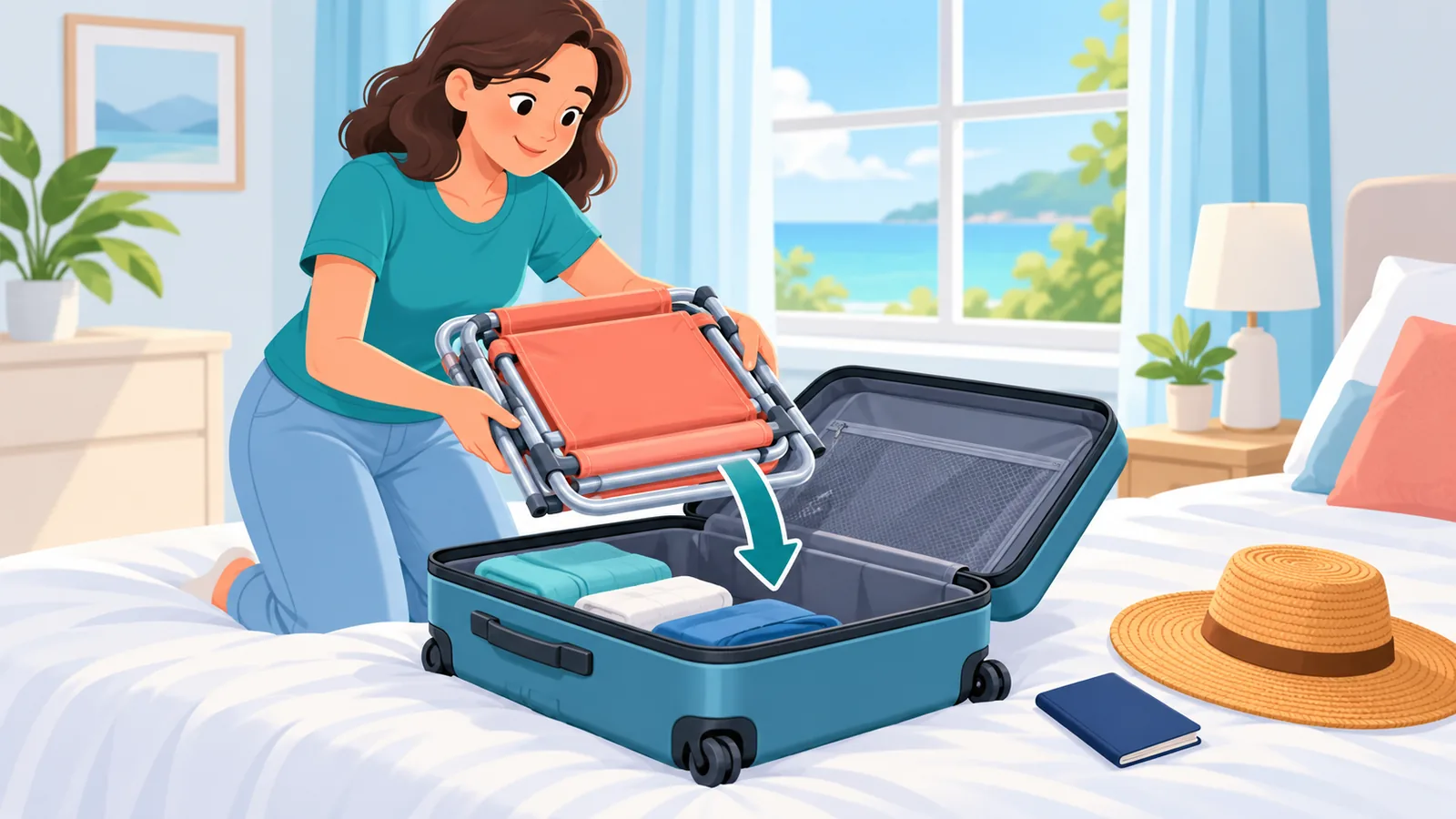 Fauteuil de plage ultra-léger rangé dans une valise de voyage