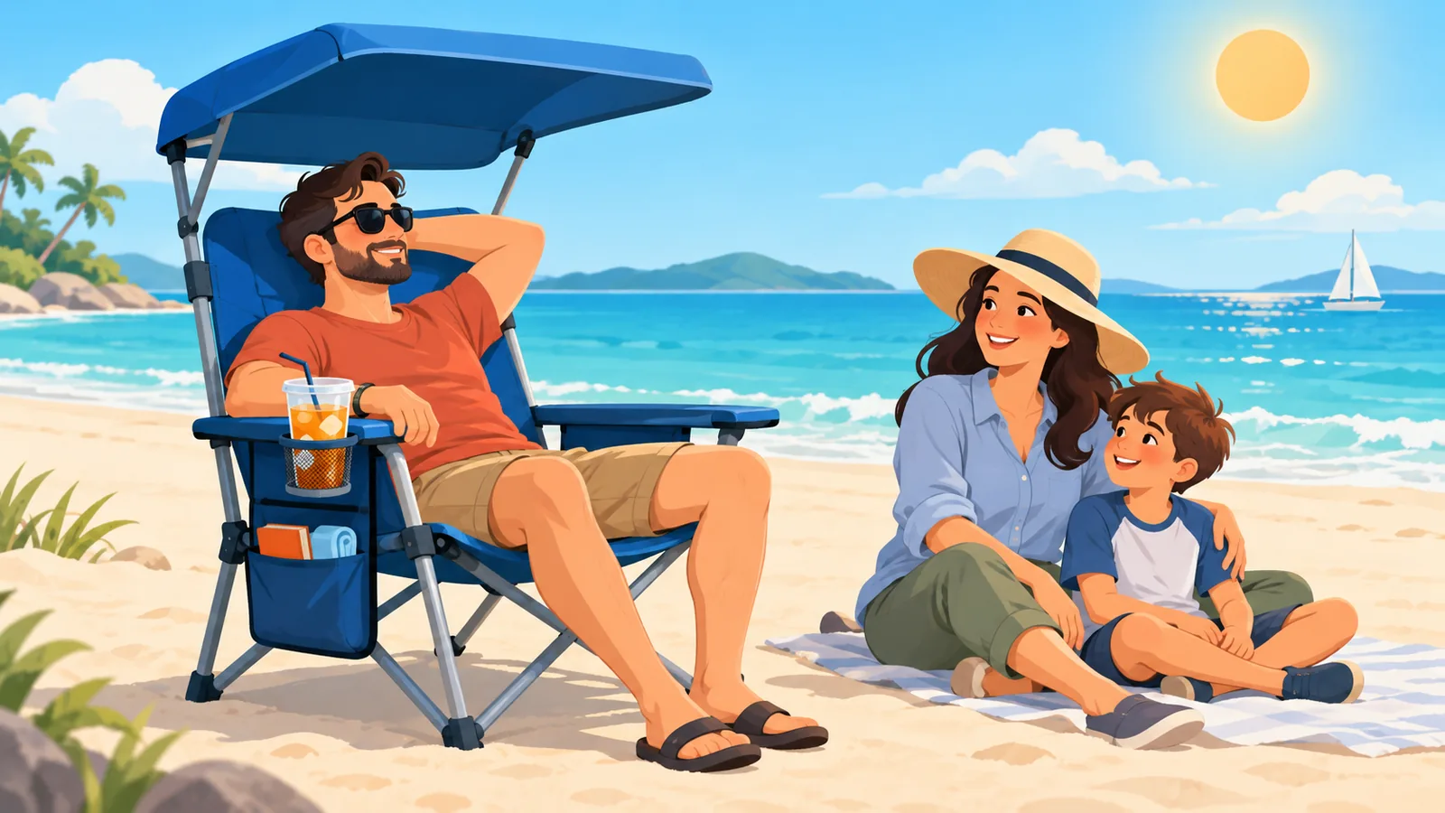 Fauteuil de plage avec porte-gobelet, rangement et pare-soleil