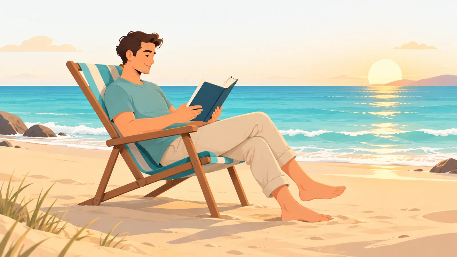 Personne lisant dans un fauteuil de plage inclinable face à la mer