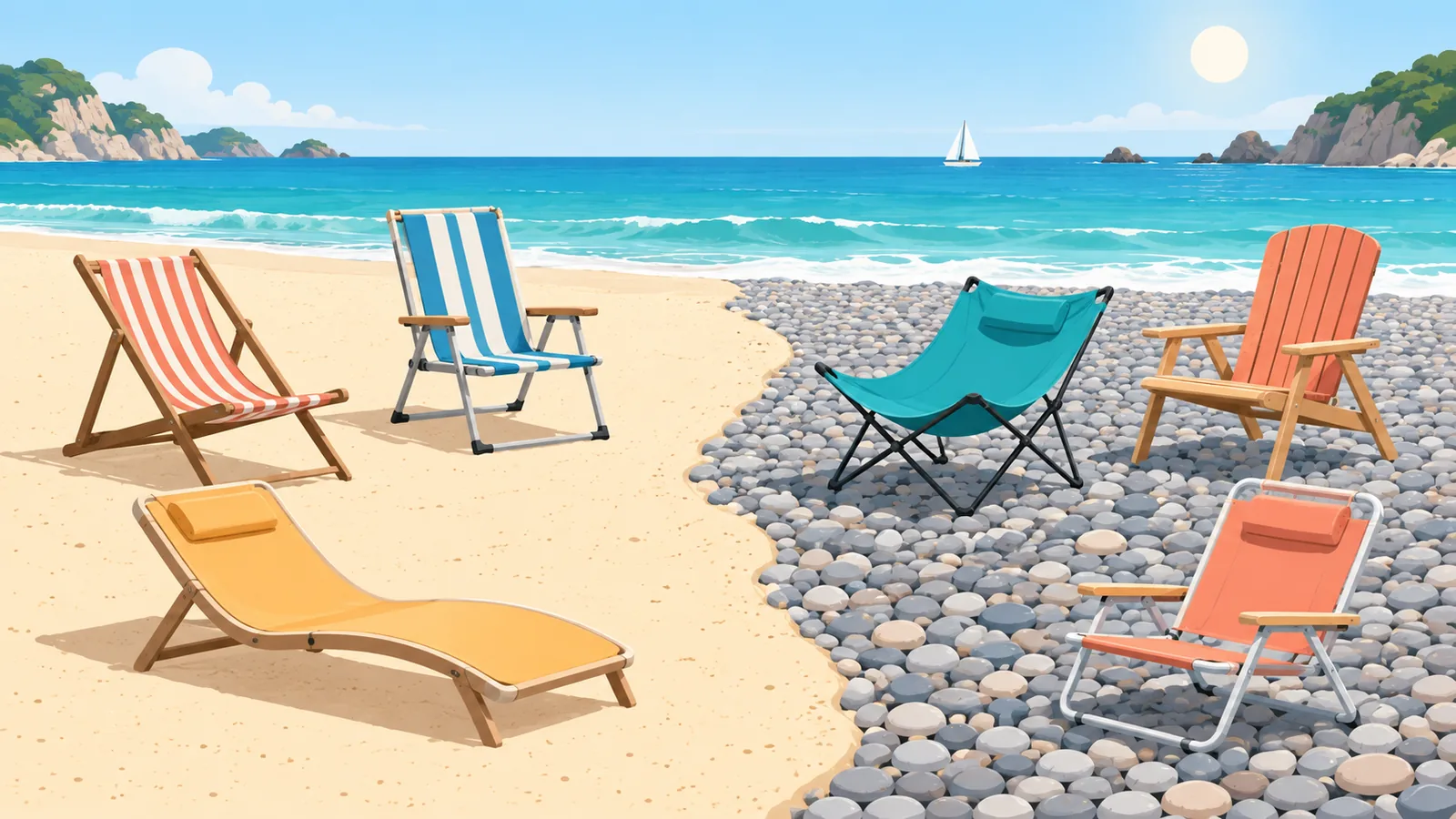 Fauteuils de plage installés sur sable fin et sur galets
