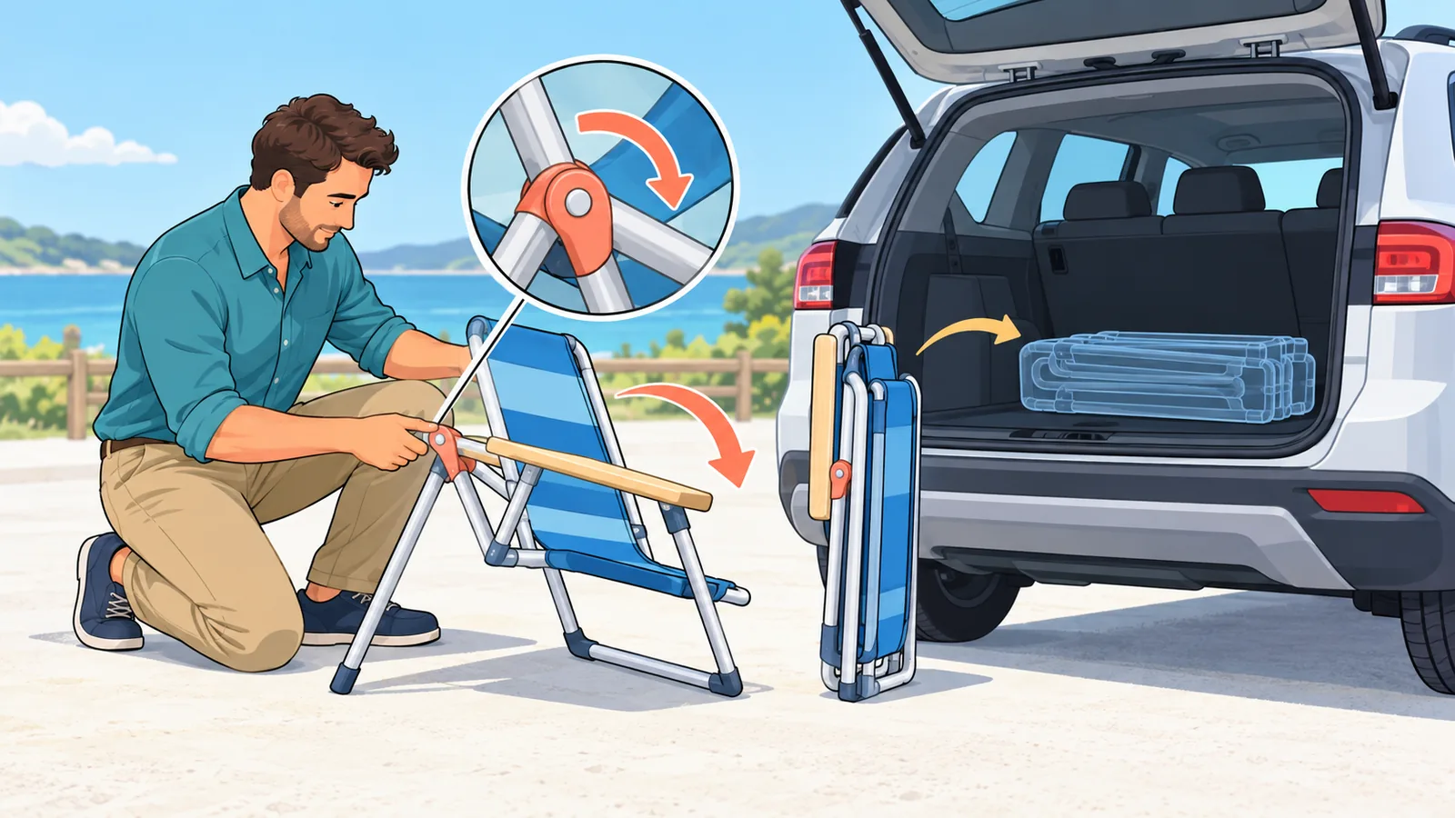 Vérification du pliage et de l’encombrement d’un fauteuil de plage avant achat