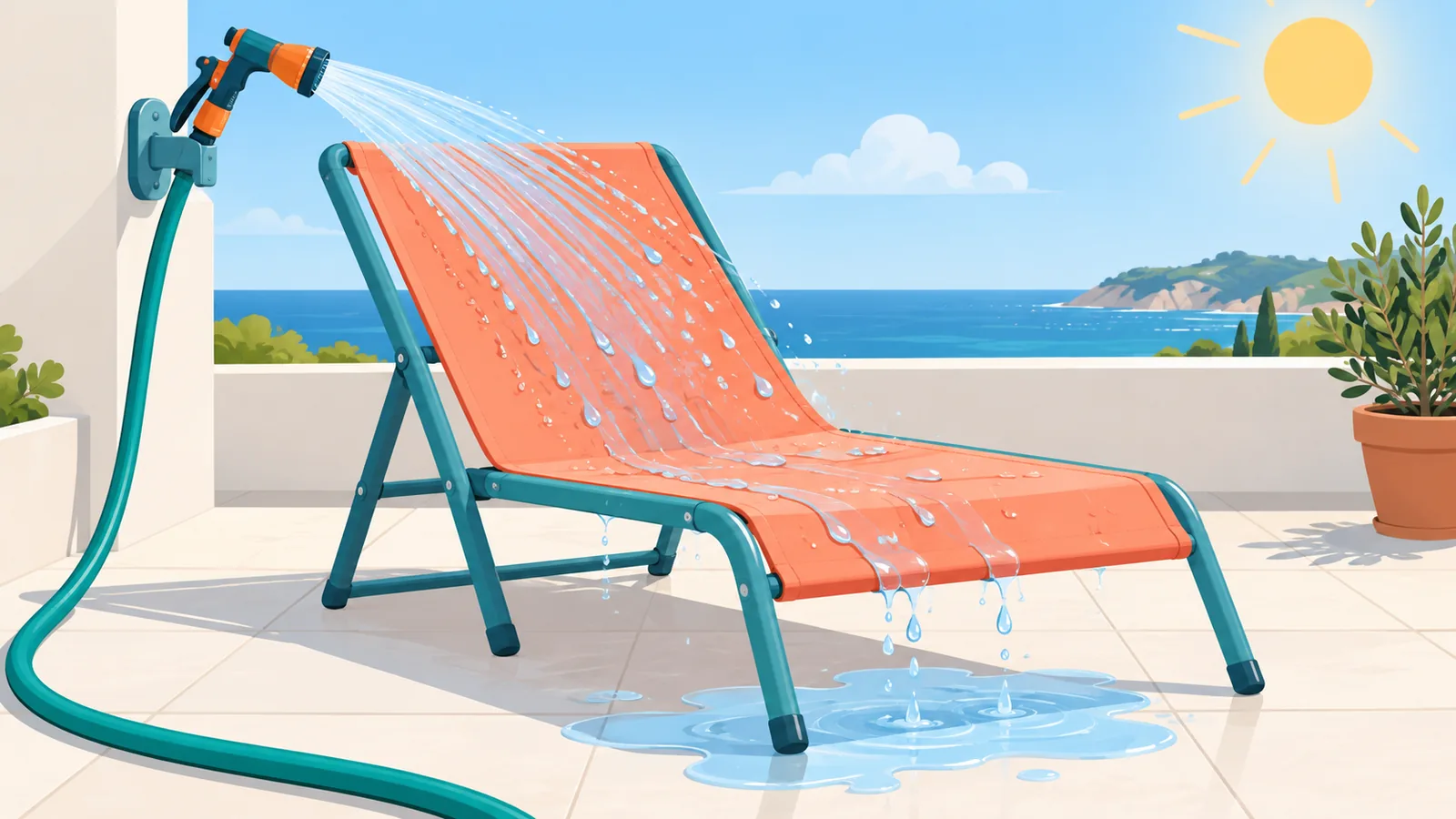 Rinçage à l’eau douce d’un fauteuil de plage après la baignade