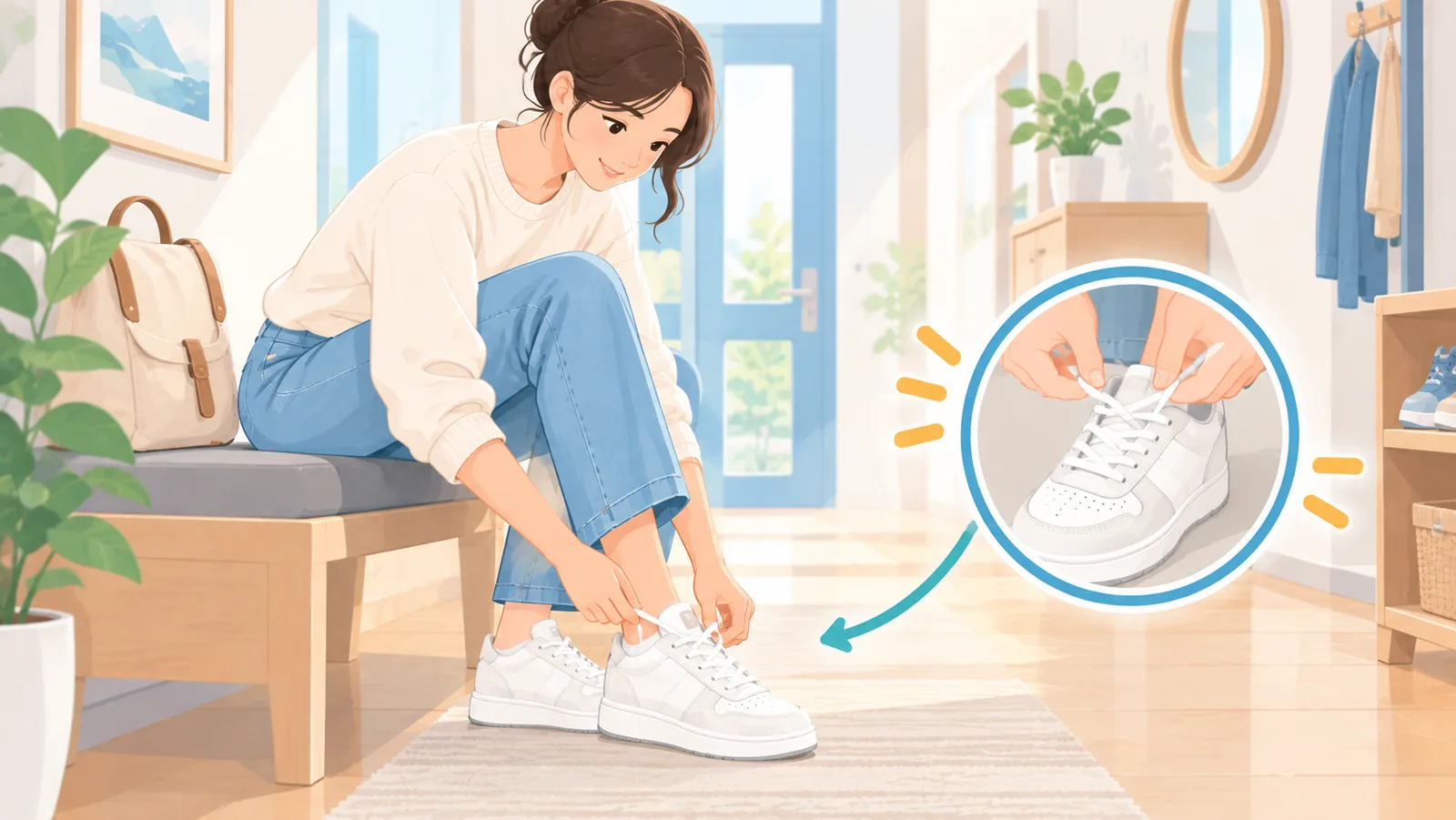 सफ़ेद स्नीकर्स के फ़ीते बाँधती मुस्कुराती महिला