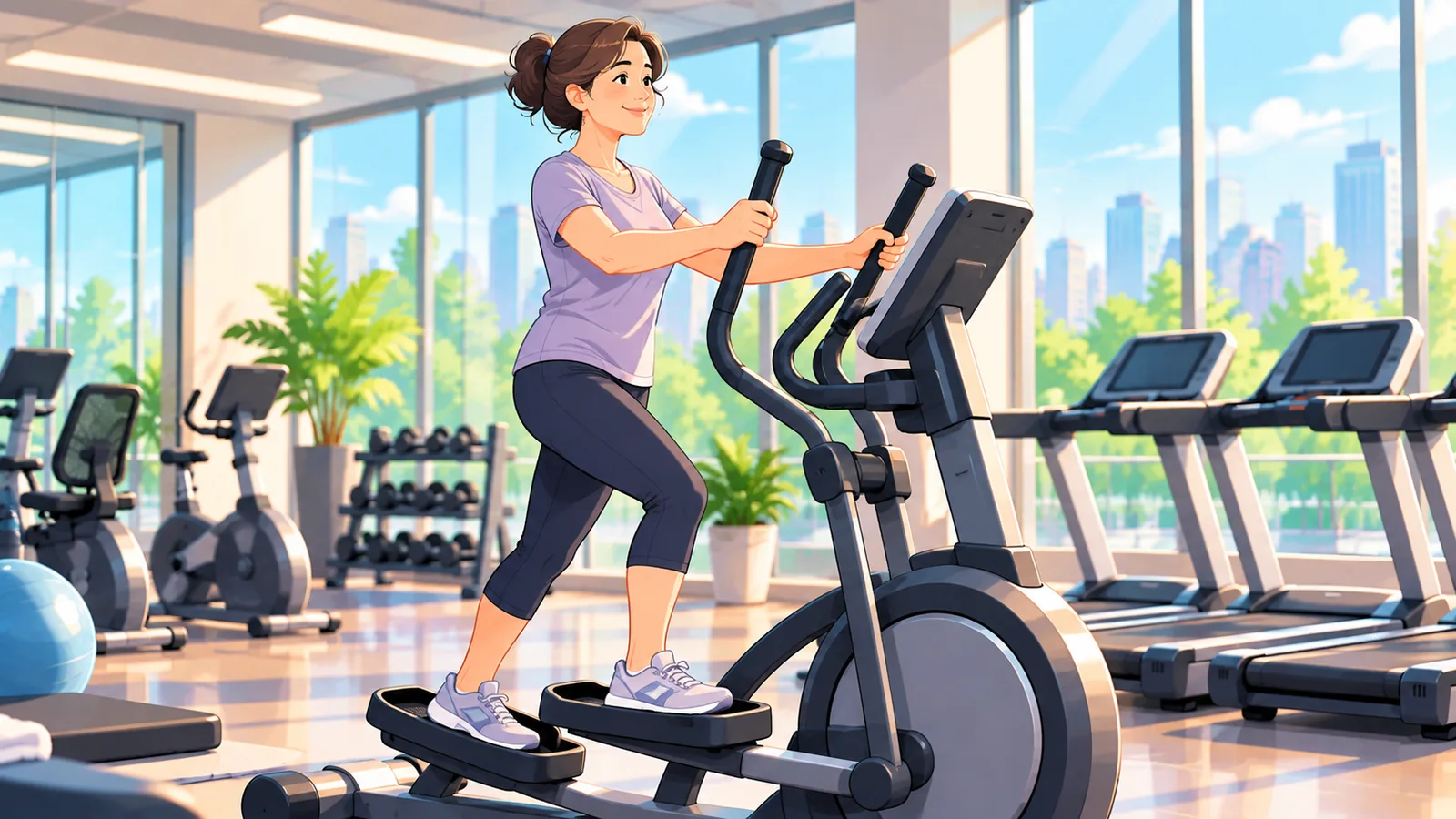 शांत जिम में एलिप्टिकल पर आराम से व्यायाम करता व्यक्ति