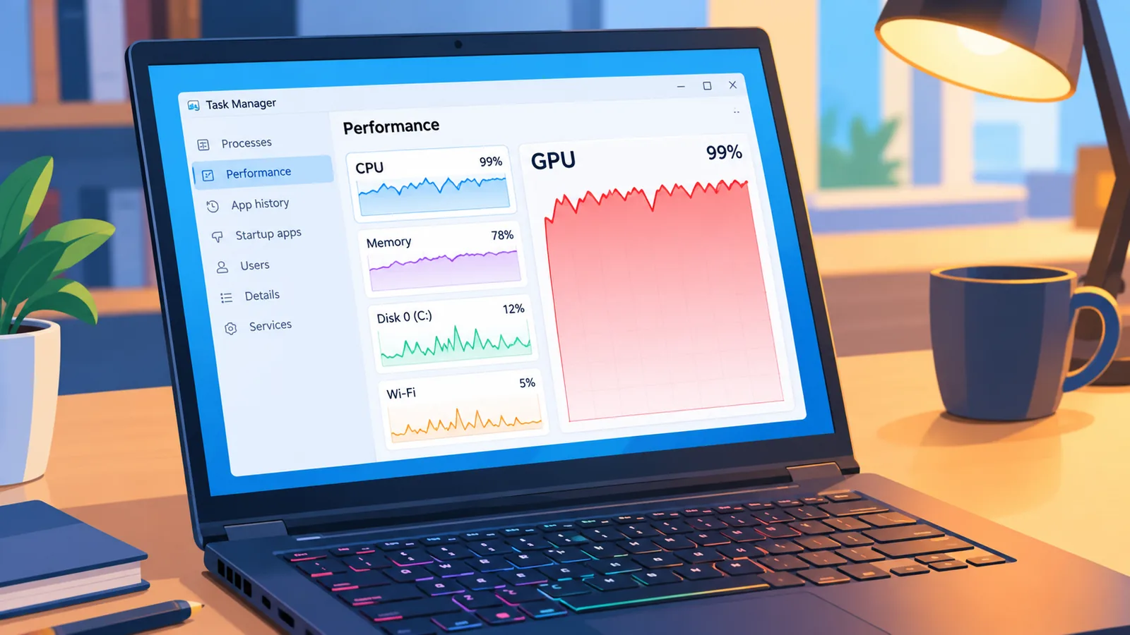 गेमिंग लैपटॉप की स्क्रीन पर Task Manager के ग्राफ़