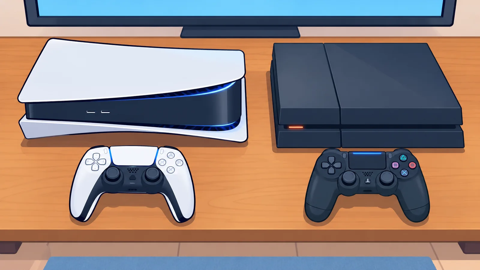 टीवी के नीचे शेल्फ पर साथ रखे PS5 और PS4 कंसोल