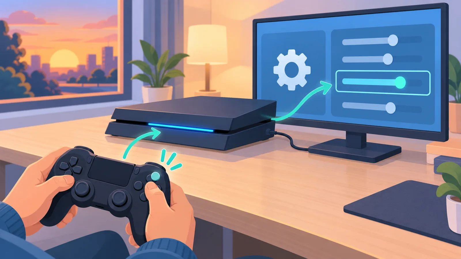 मॉनिटर पर सेटिंग स्क्रीन के साथ जुड़ा हुआ PS4