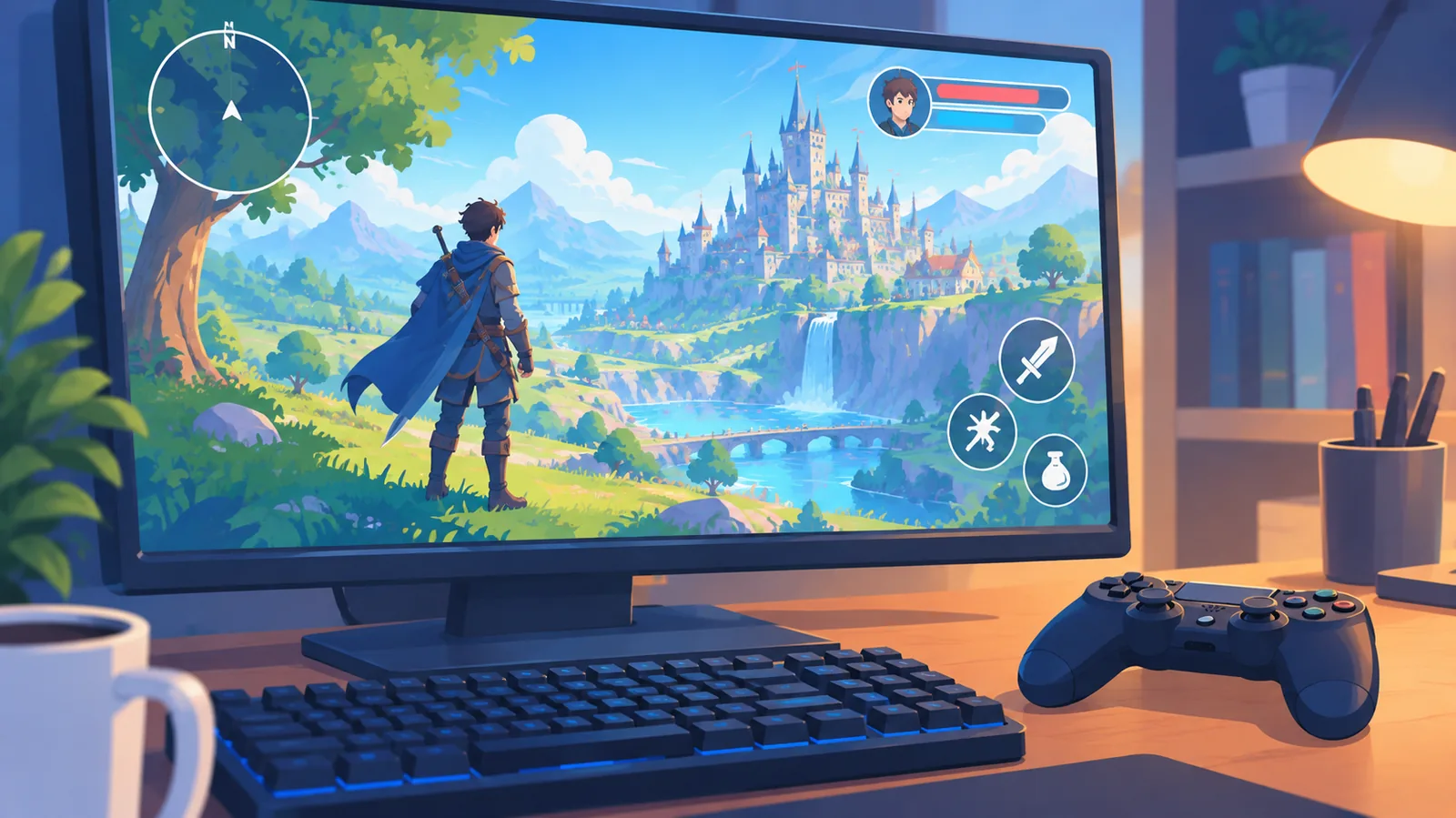 PC स्क्रीन पर फ़ैंटेसी RPG और कीबोर्ड के पास रखा कंट्रोलर