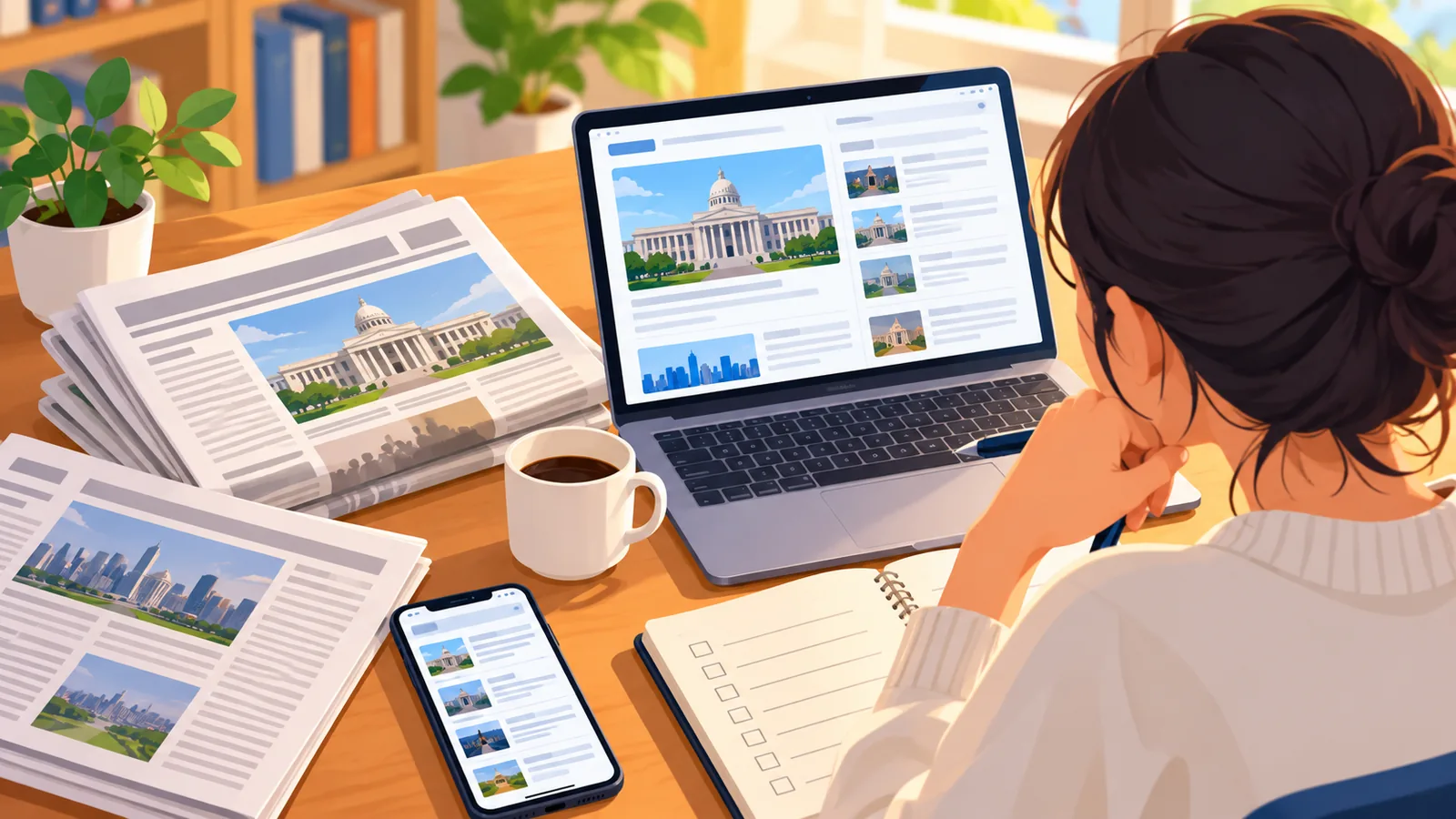 मेज़ पर रखे अख़बार और लैपटॉप पर नारे खोजता व्यक्ति