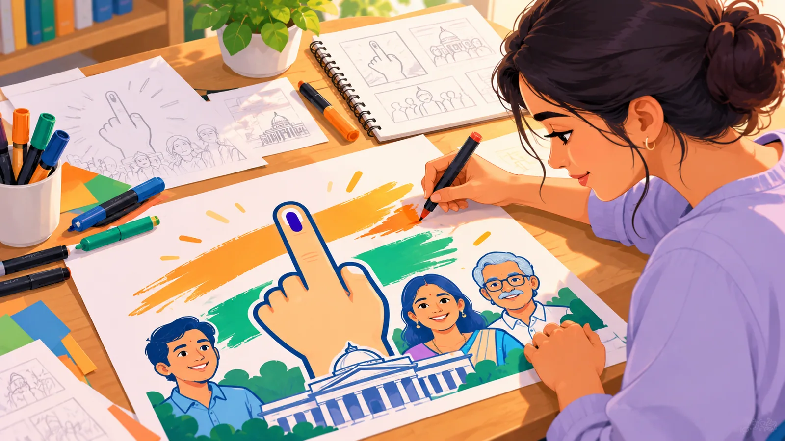 हाथ से हिंदी में संदेश लिखता डिज़ाइनर