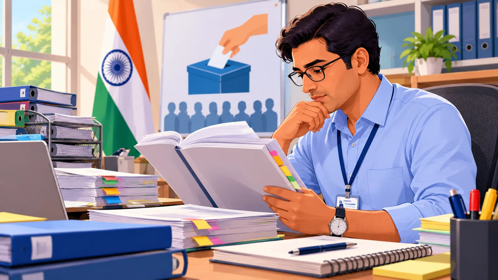 आचार संहिता की पुस्तिका पढ़ता अधिकारी