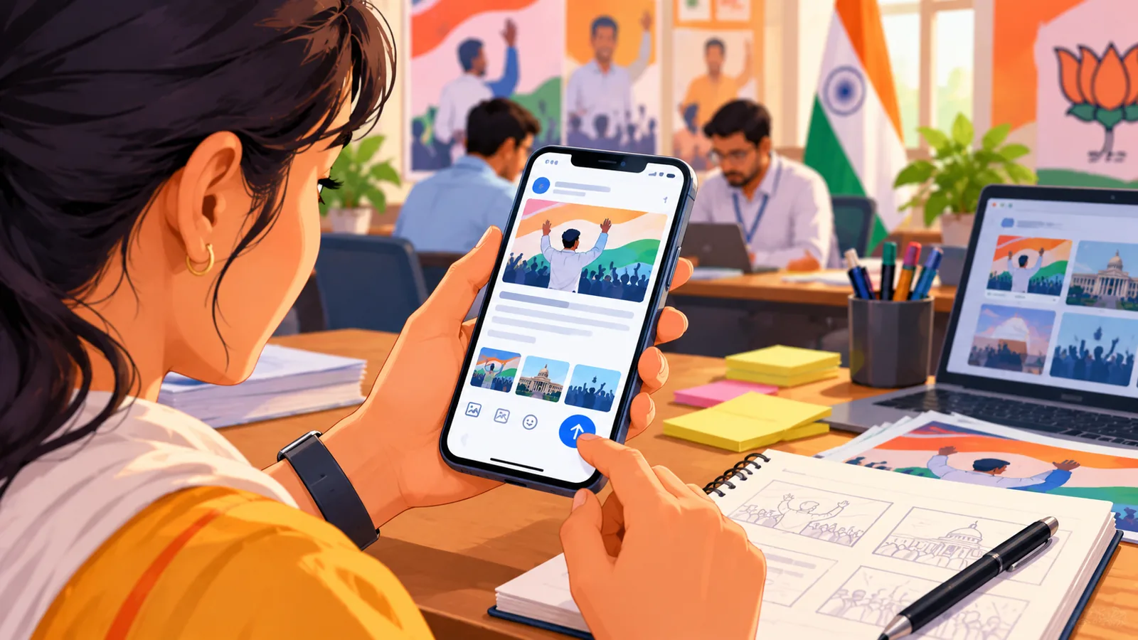 स्मार्टफ़ोन पर सोशल मीडिया पोस्ट तैयार करता कार्यकर्ता