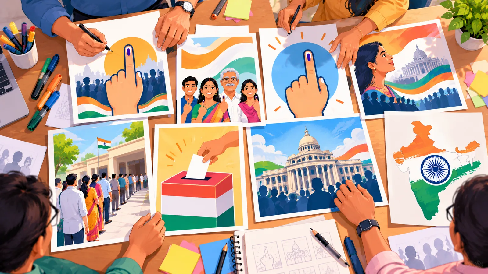 मेज़ पर फैले पोस्टर के कई नमूने