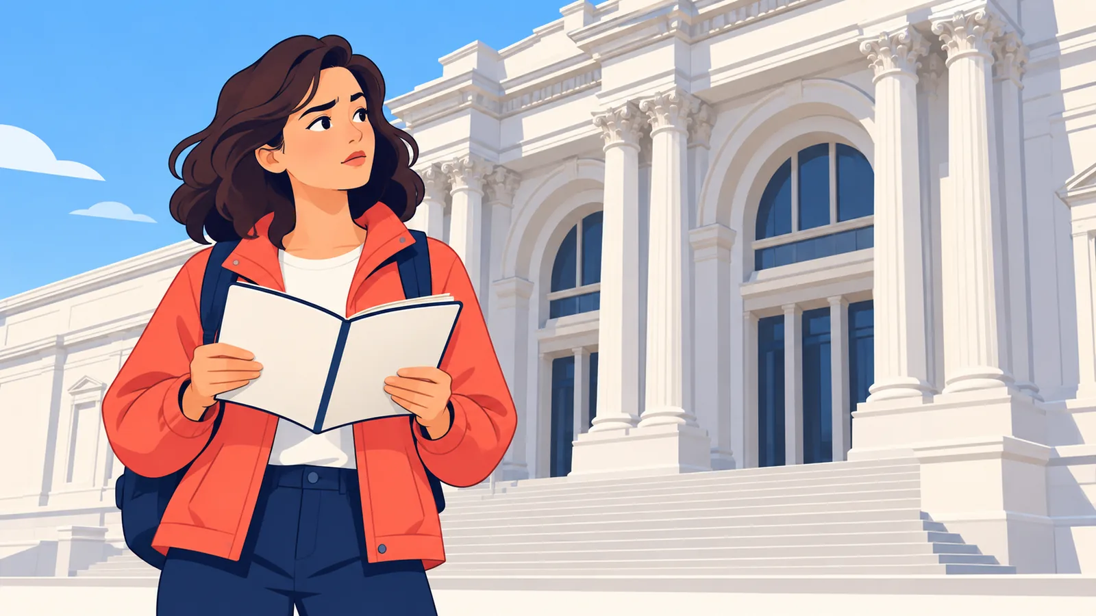 न्यूयॉर्क के संग्रहालय के बाहर यात्रा की योजना बनाता पर्यटक