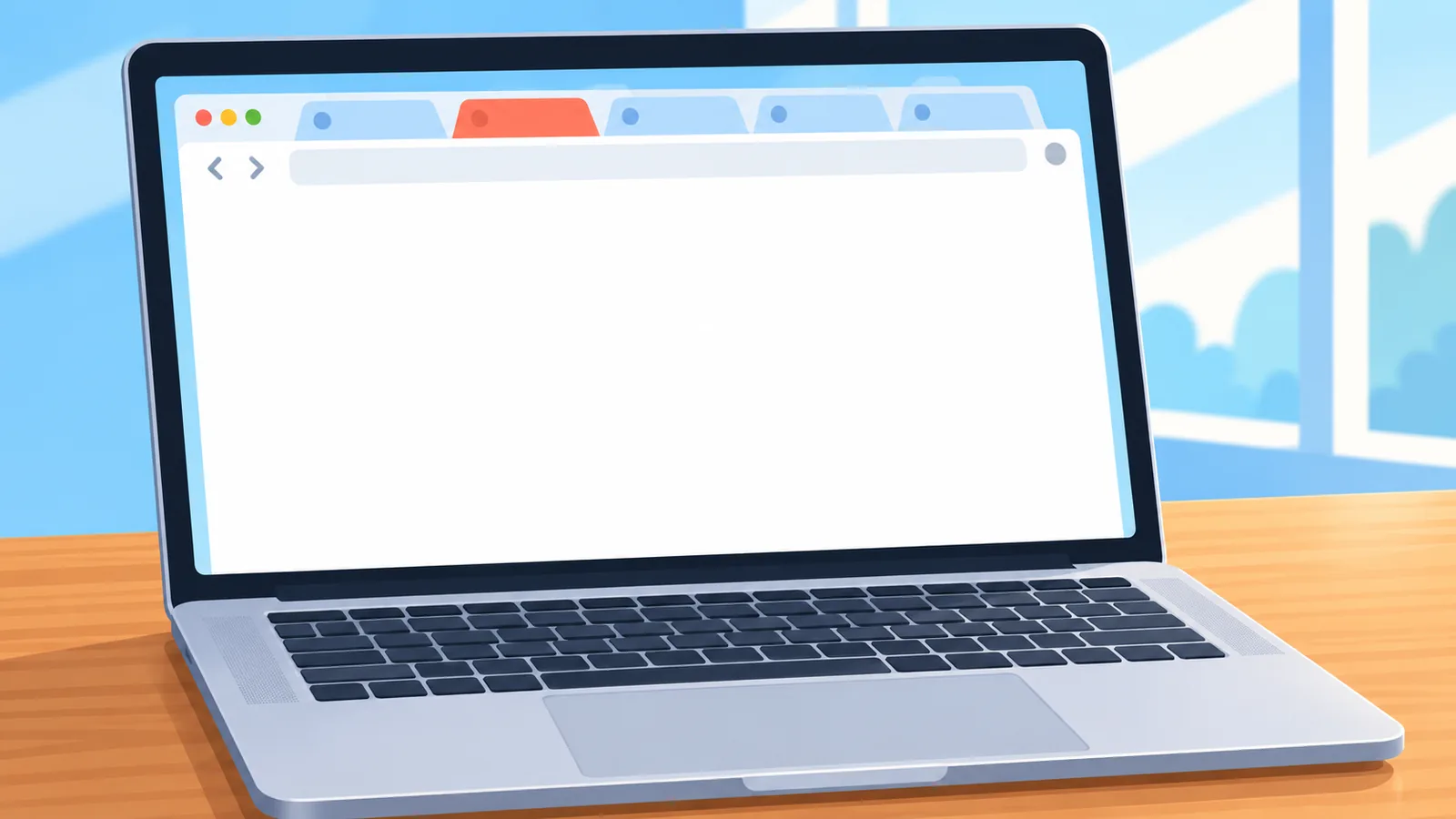 लकड़ी की मेज़ पर रखा MacBook जिसमें Safari ब्राउज़र कई टैब के साथ खुला है