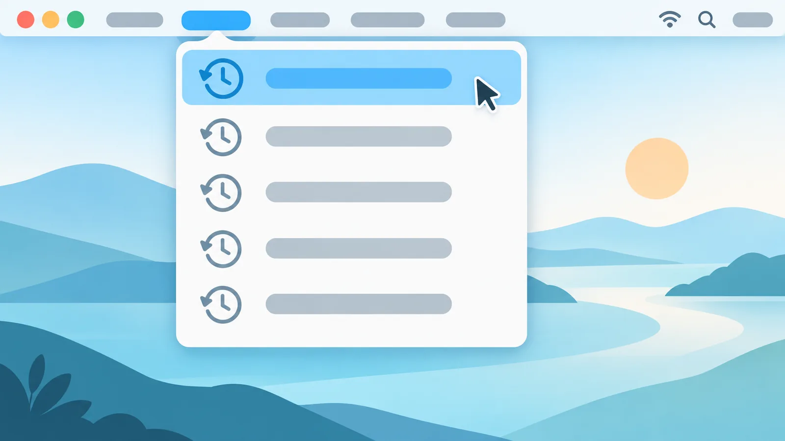 Mac के मेन्यू बार में Safari का History मेन्यू खुला हुआ
