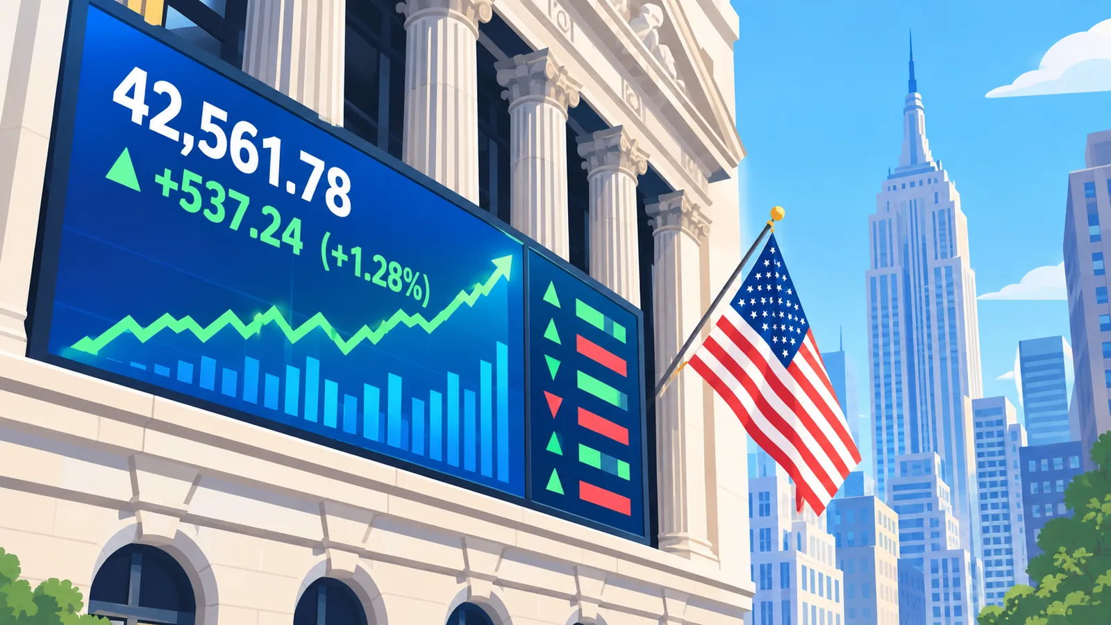 अमेरिका में NASDAQ एक्सचेंज की इमारत और डिजिटल टिकर स्क्रीन