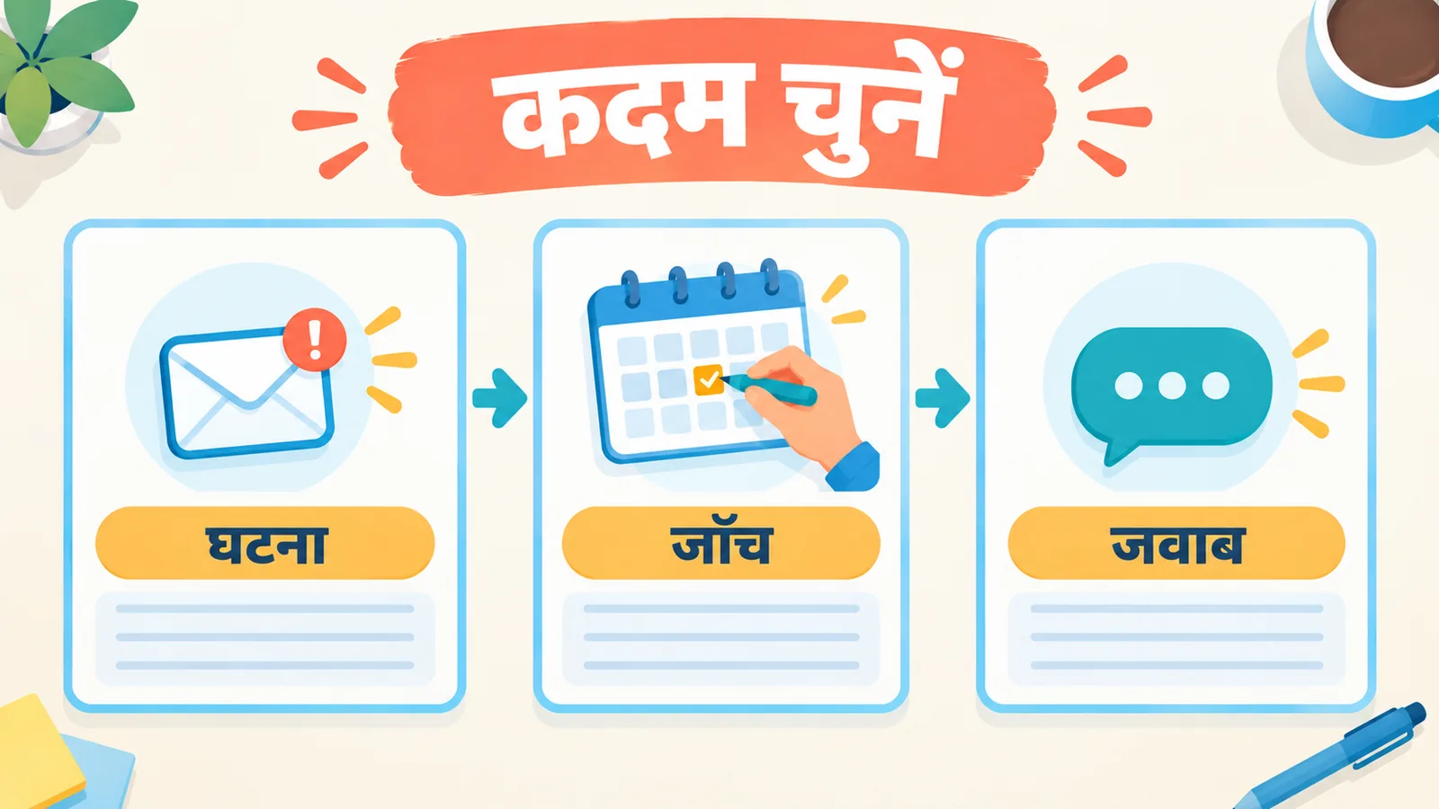 काम का अनुरोध मिलने की घटना से समय जाँचने और फिर जवाब देने के छोटे अभ्यास तक का क्रम