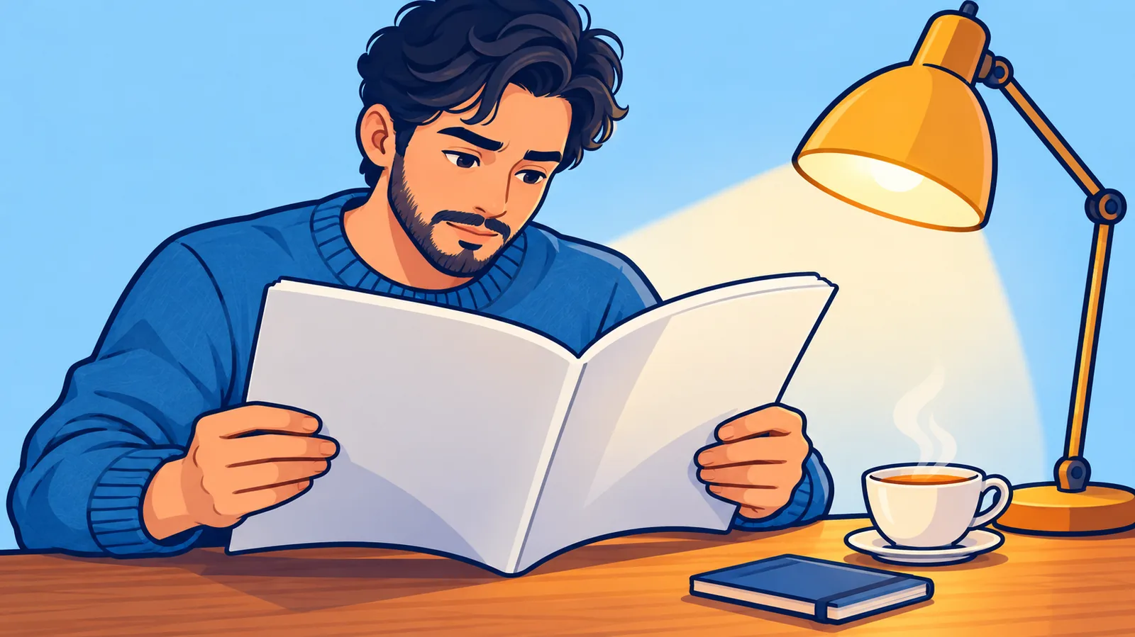मेज़ पर पत्रिका पढ़ता हुआ एक पाठक