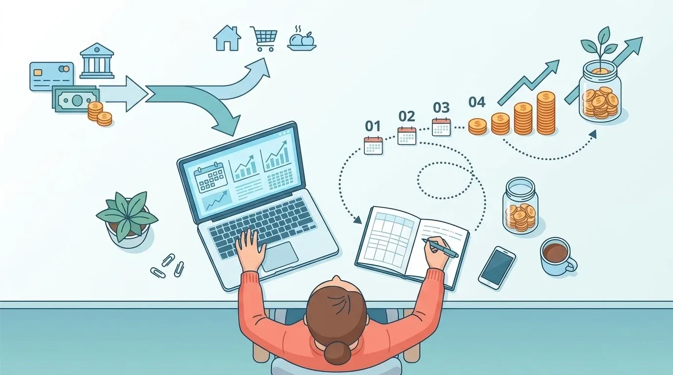 लैपटॉप पर Excel में वित्तीय गणना करता व्यक्ति