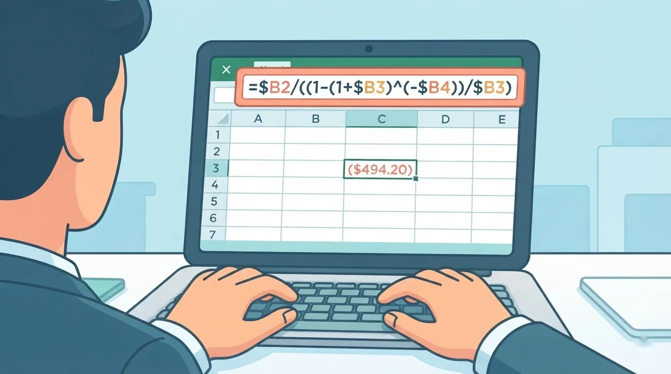 Excel के फ़ॉर्मूला बार में PMT सूत्र लिखना