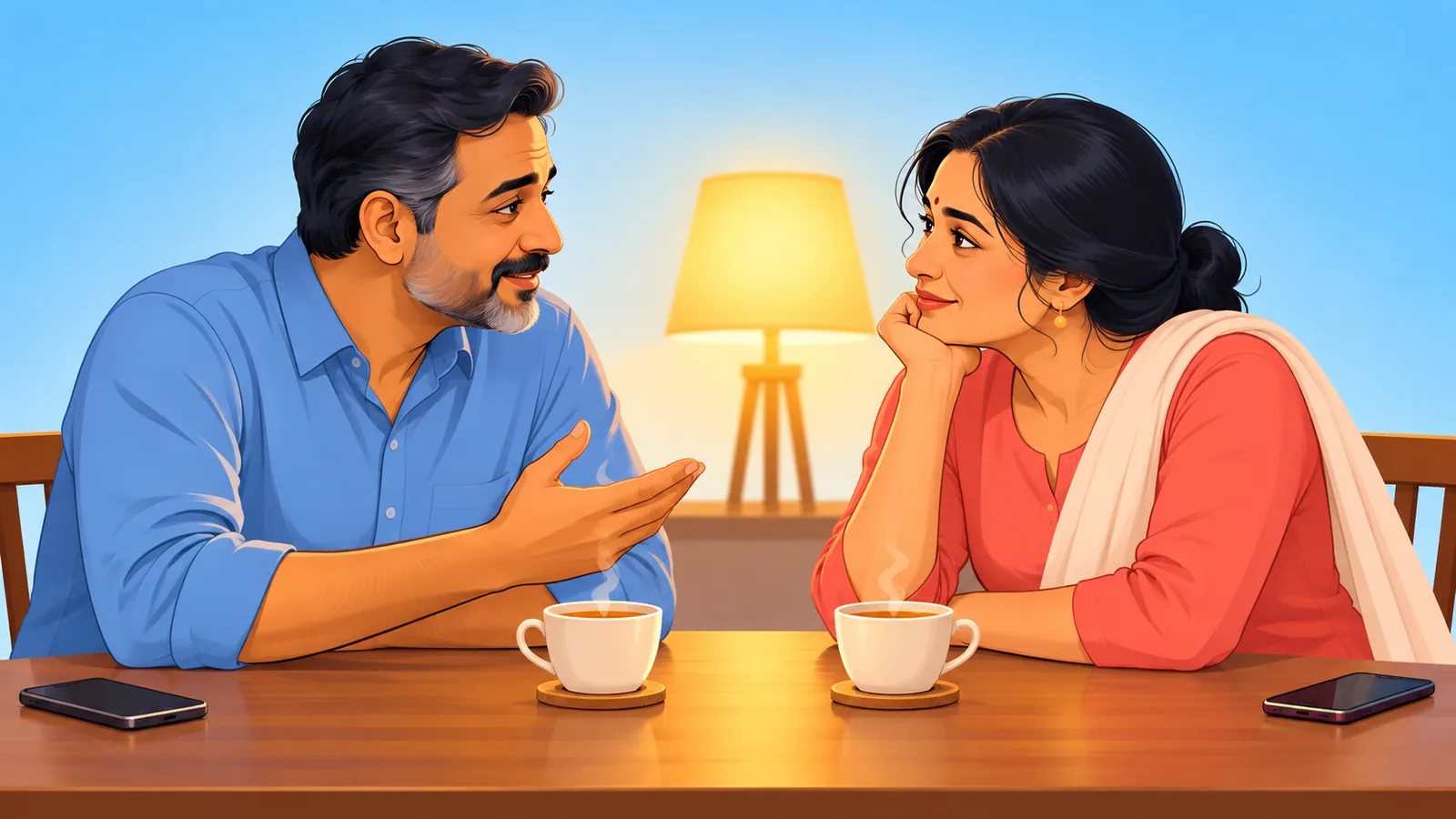 चाय के साथ शांति से बातचीत करता एक जोड़ा