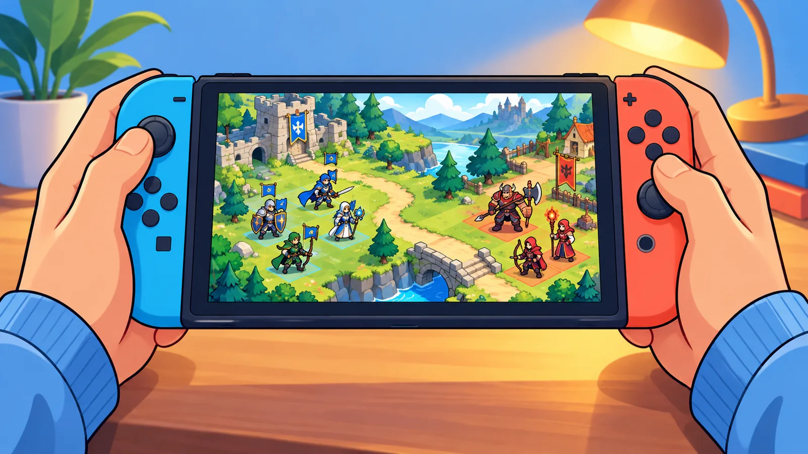 हाथ में पकड़े Nintendo Switch पर रणनीति वाले खेल का युद्ध नक्शा