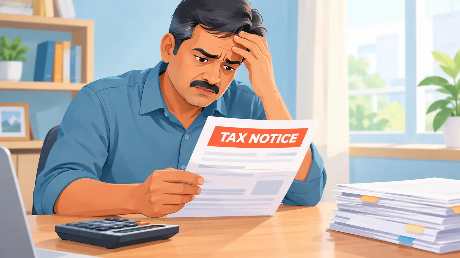 मेज़ पर आयकर नोटिस पढ़ता चिंतित व्यक्ति