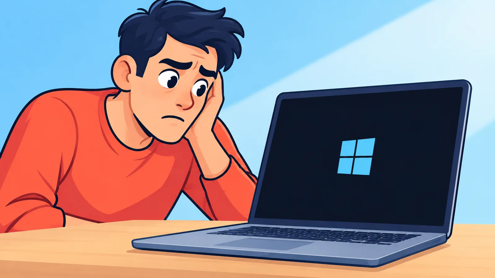 Windows लोगो पर अटके लैपटॉप को देखता चिंतित व्यक्ति