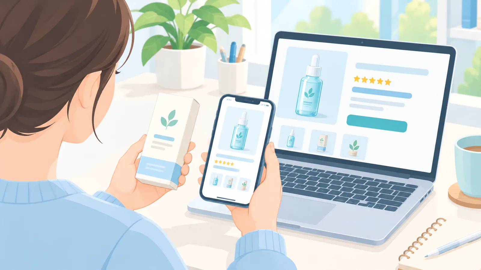 Seseorang mencocokkan kemasan produk dengan halaman resmi di laptop