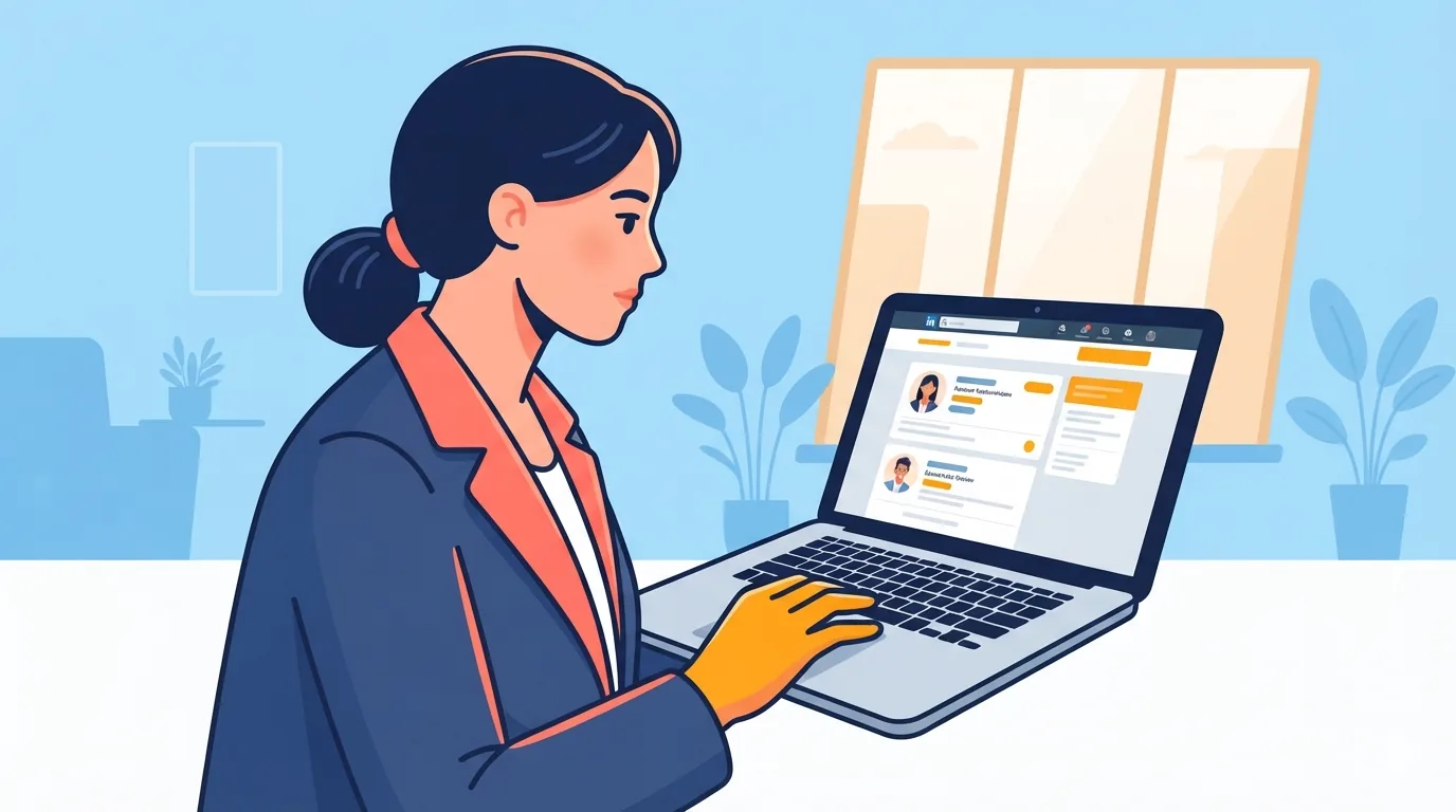 Perekrut meninjau profil kandidat di laptop dalam kantor modern