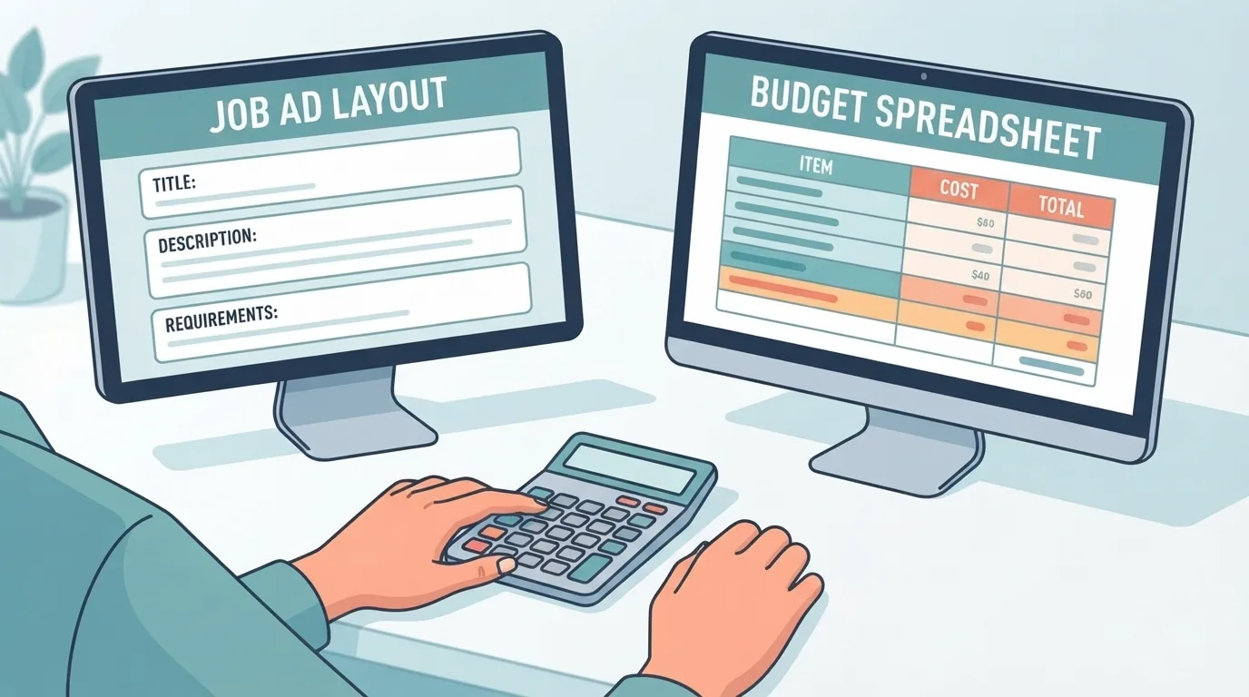 Dua layar menampilkan iklan lowongan dan lembar anggaran