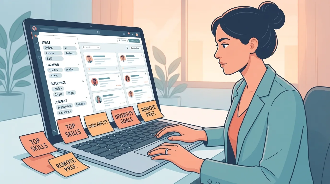 Perekrut mencari kandidat dengan filter pencarian di laptop