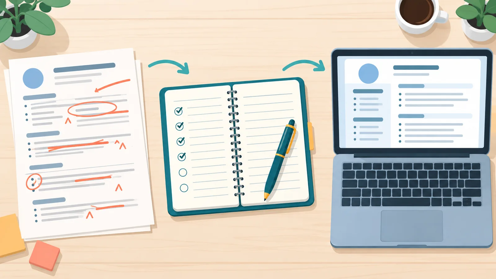 Tiga jenis layanan resume: resume cetak, buku coaching, dan templat di laptop
