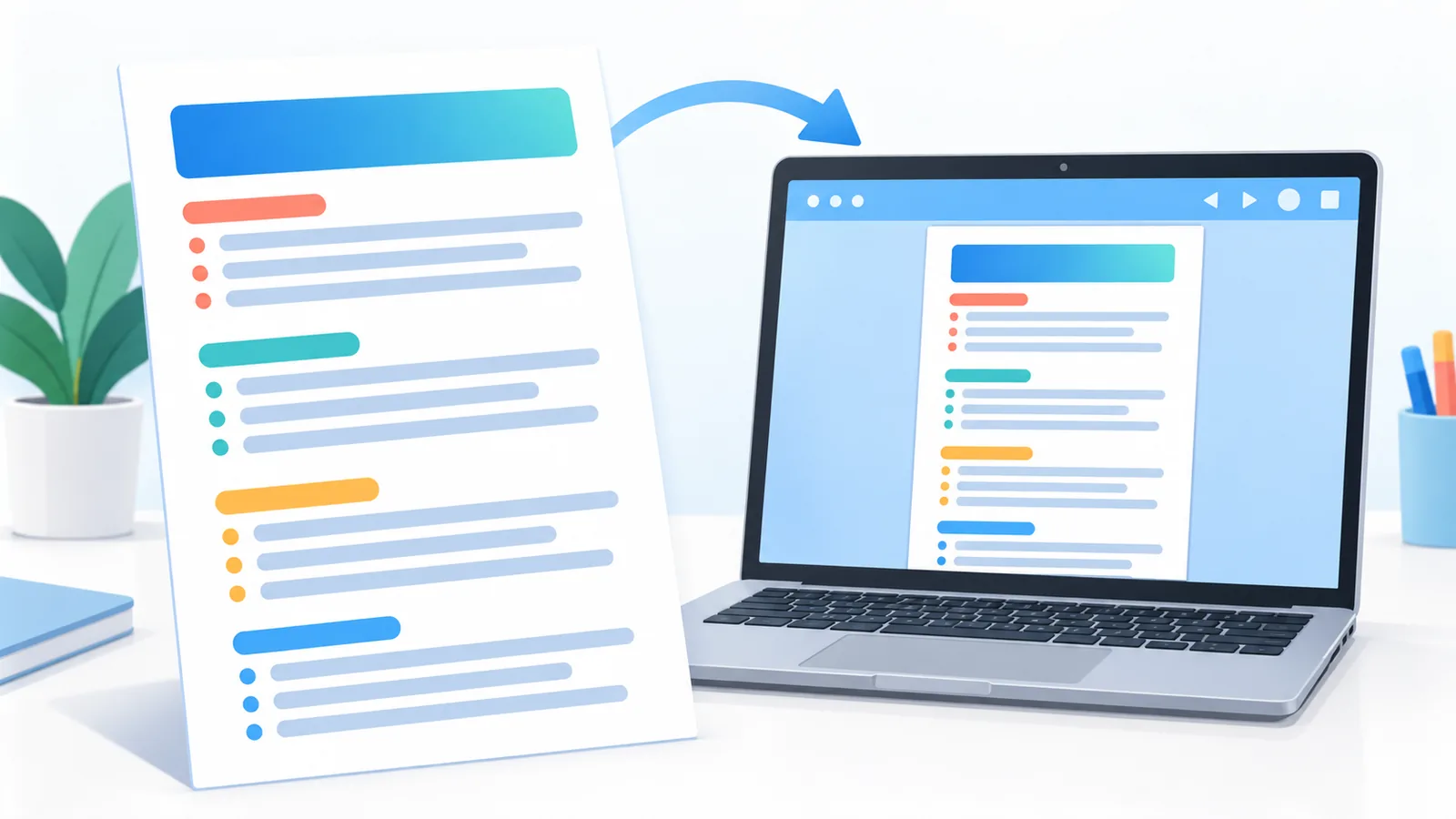 Resume satu kolom yang rapi di samping laptop berisi file PDF