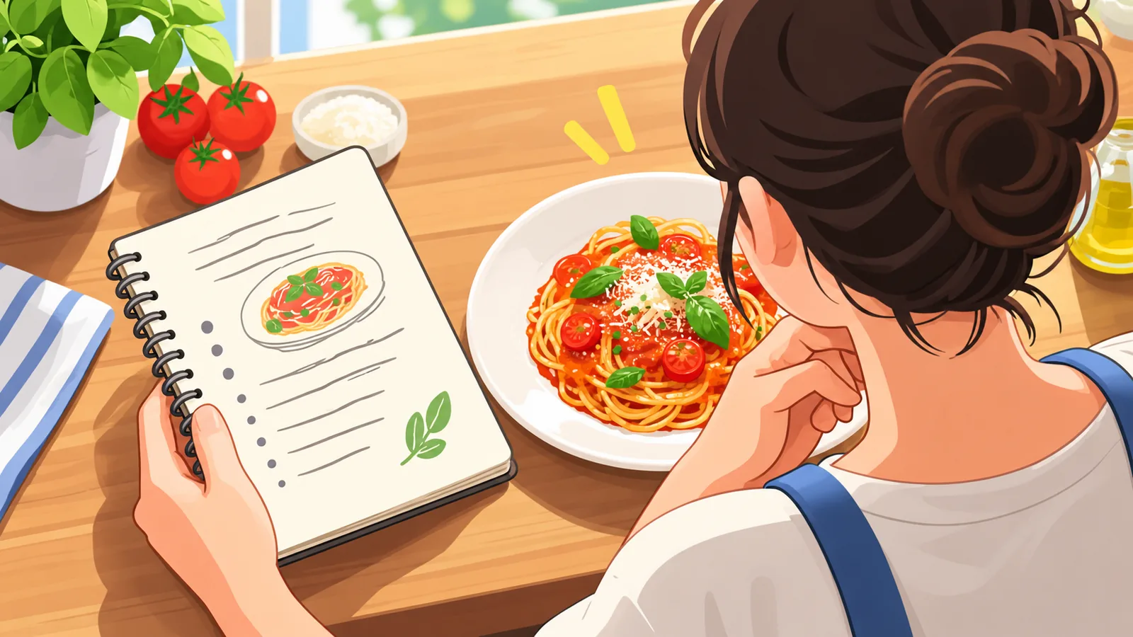 Juru masak rumahan membandingkan catatan resep dengan hidangan jadi di meja dapur kayu