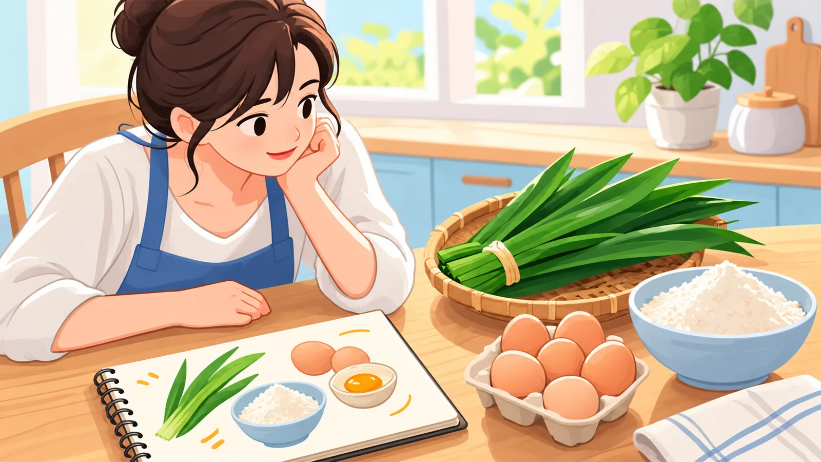 Bahan segar seperti daun pandan, telur, dan tepung di meja dapur dengan buku sketsa ide resep