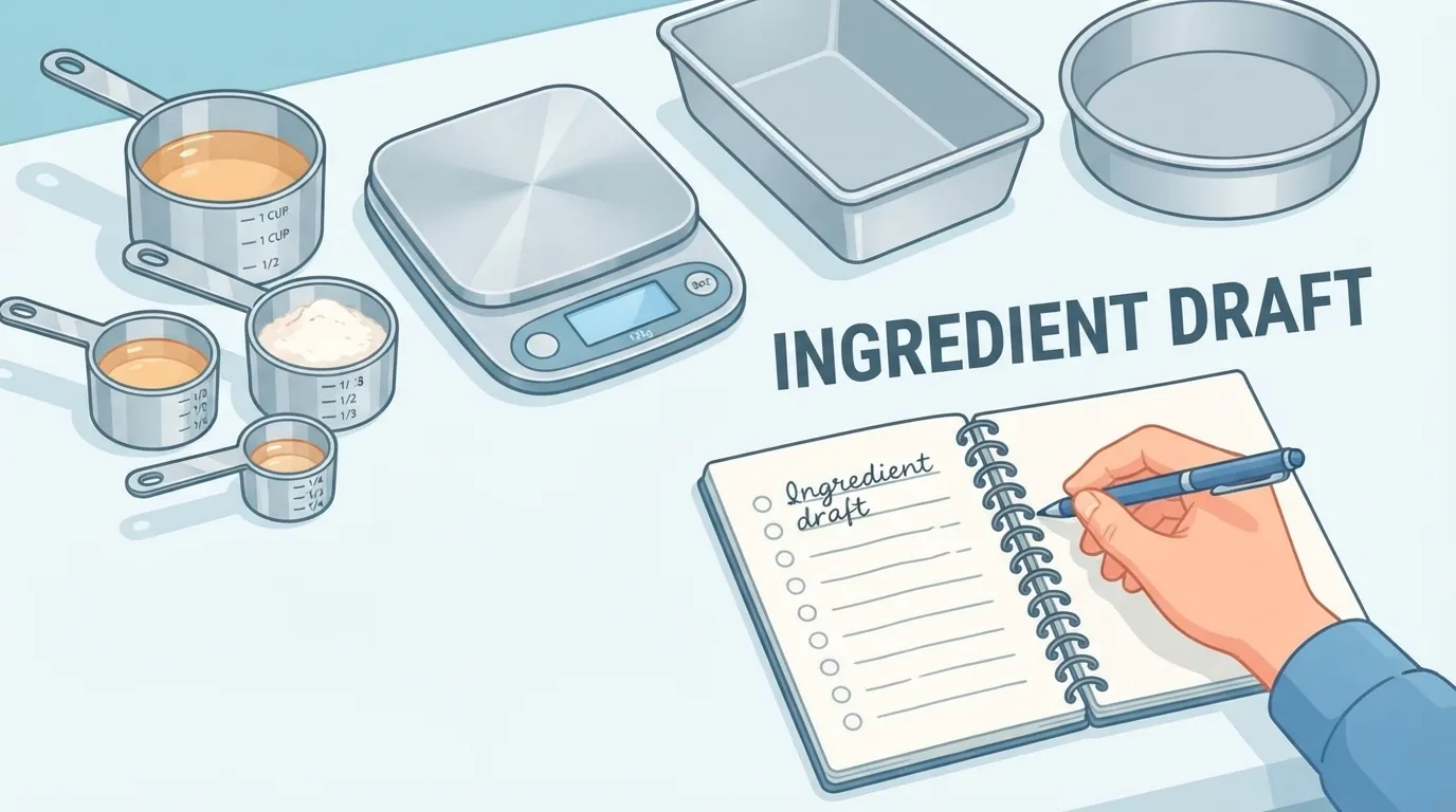 Tangan menulis draf daftar bahan di samping gelas ukur dan timbangan dapur