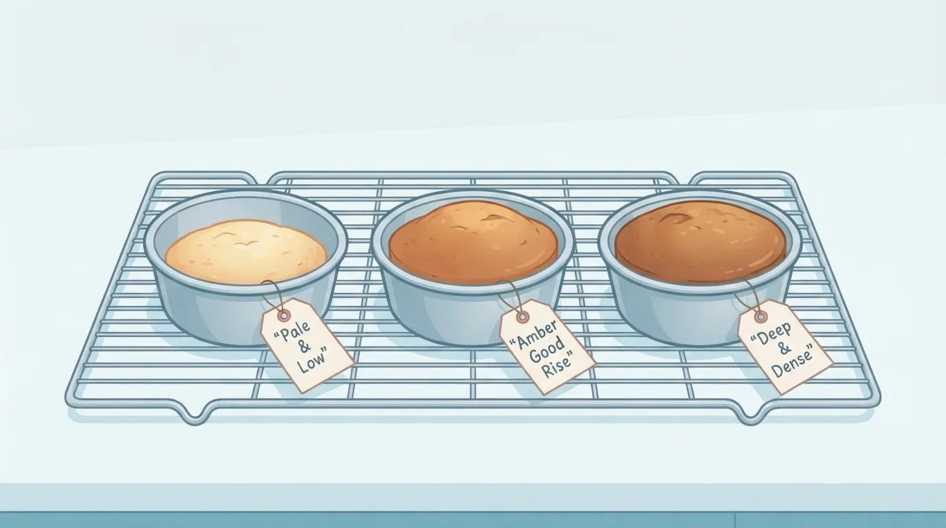 Tiga kue kecil dengan label versi percobaan yang berbeda di rak pendingin