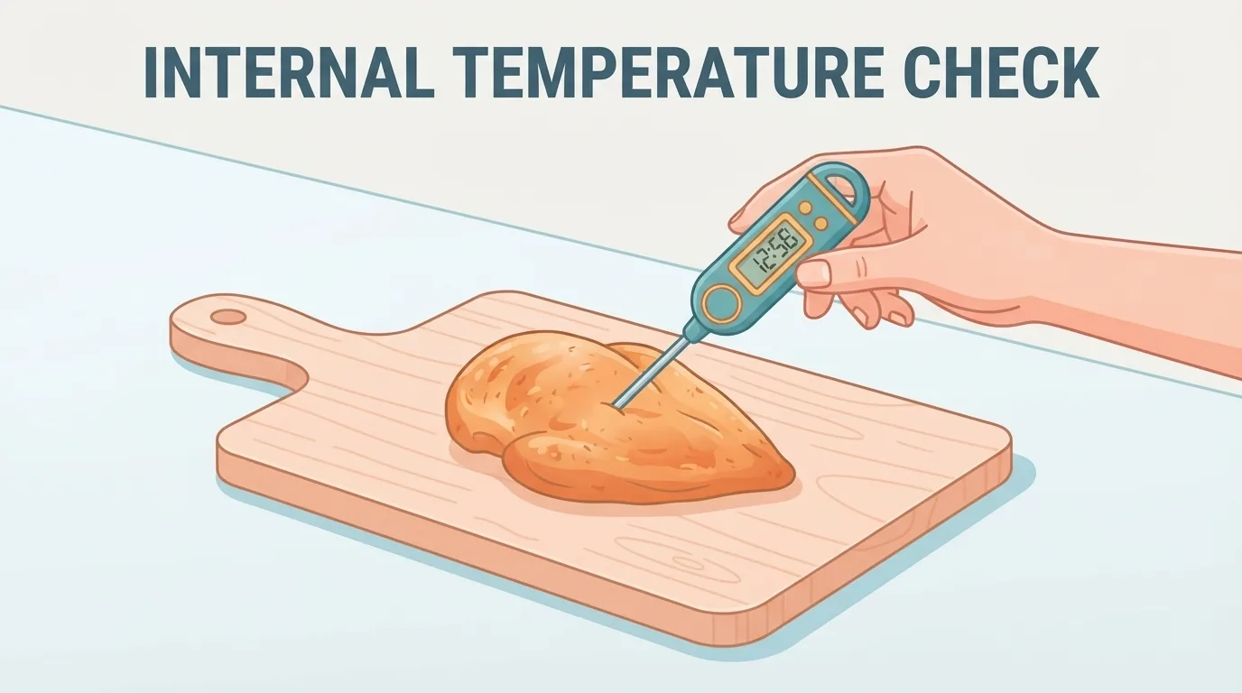 Memeriksa suhu internal ayam matang dengan termometer makanan