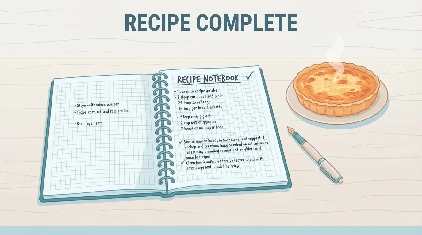 Buku resep selesai dan hidangan panggang di meja dapur sore hari