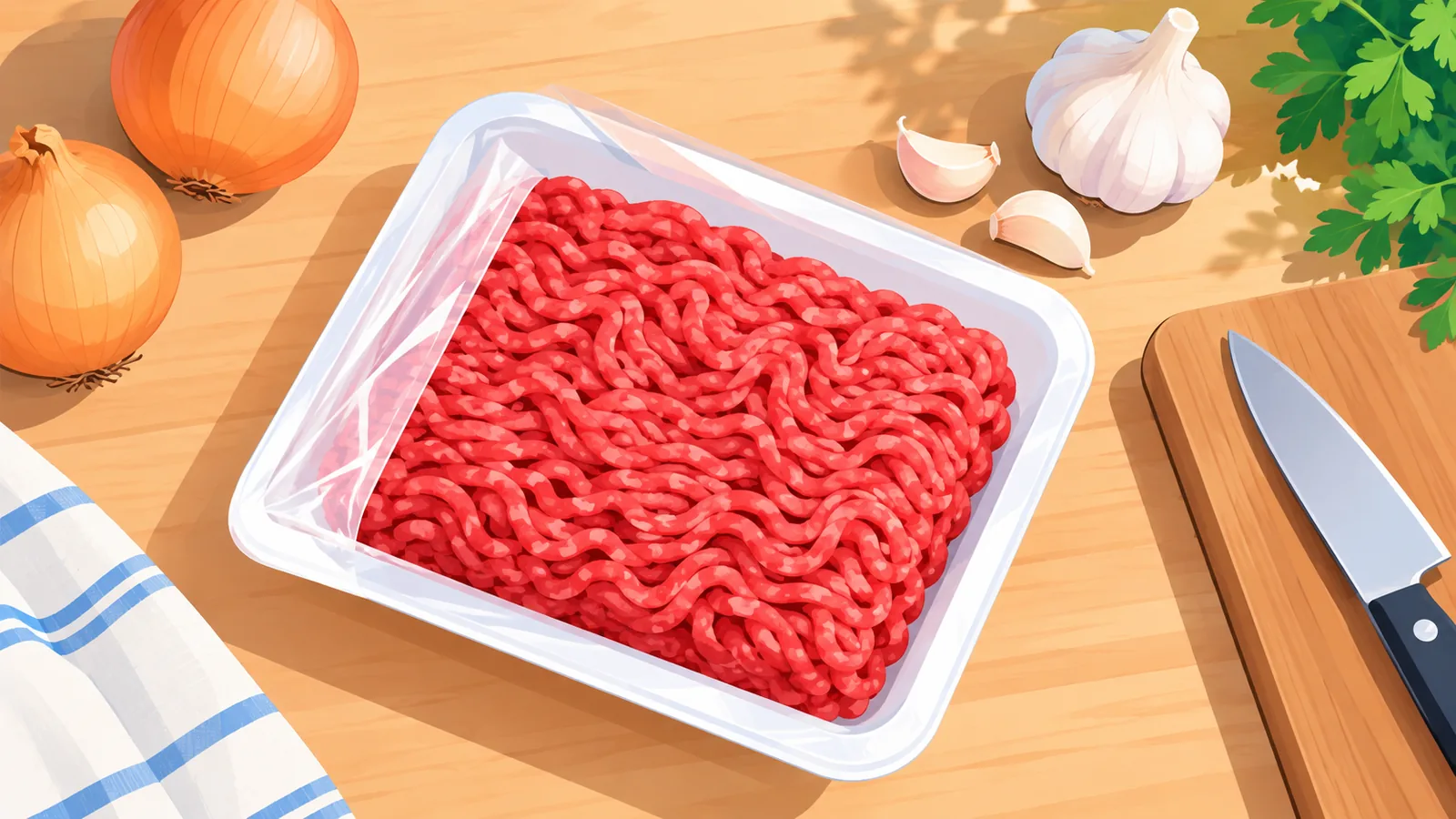 Kemasan daging sapi giling mentah di meja dapur