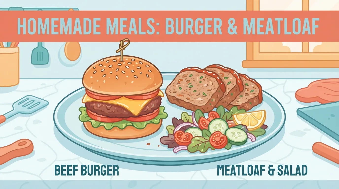 Burger dan meatloaf dari daging sapi giling di piring